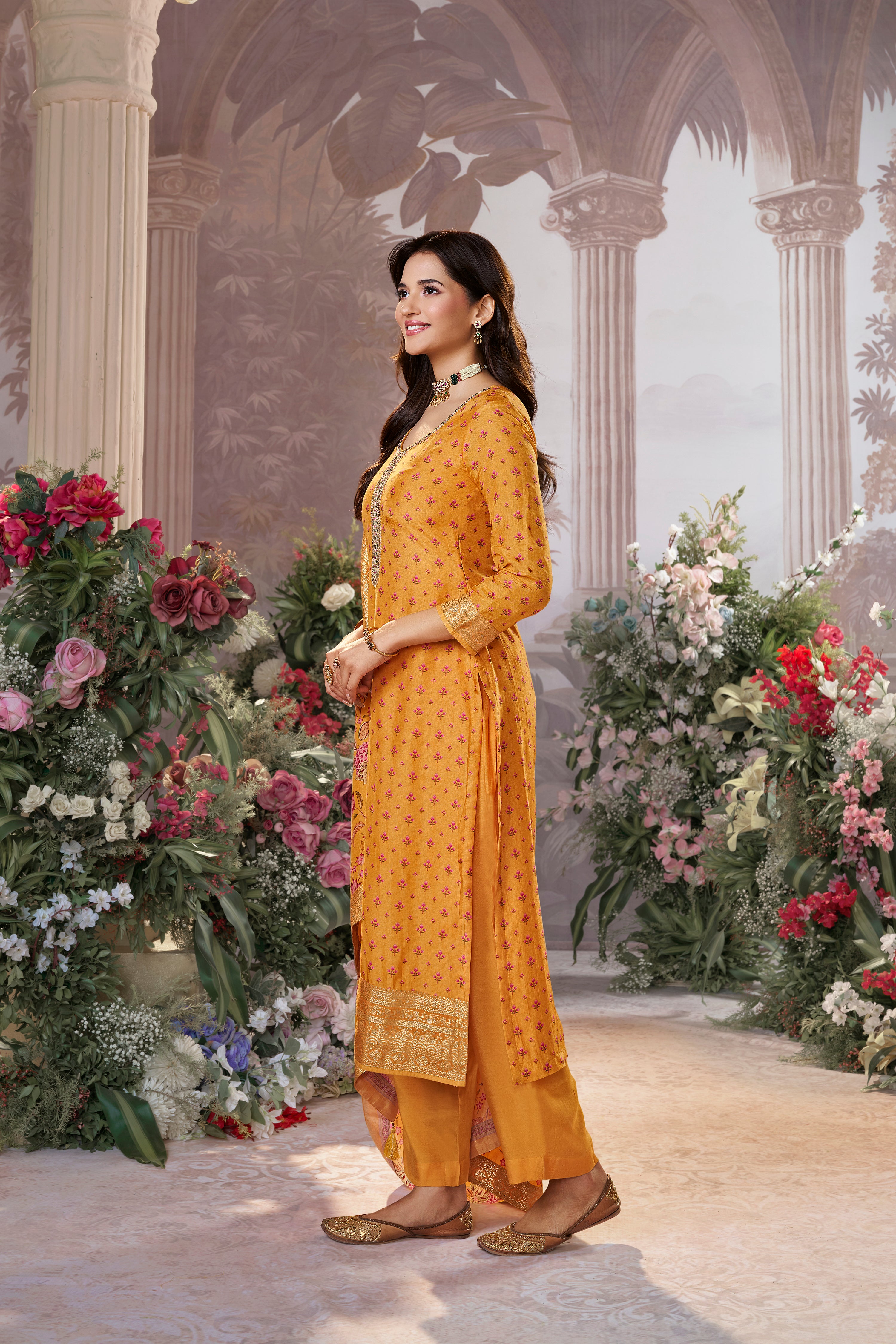 Mustard Yellow Embellished Premium Silk Pant Set
