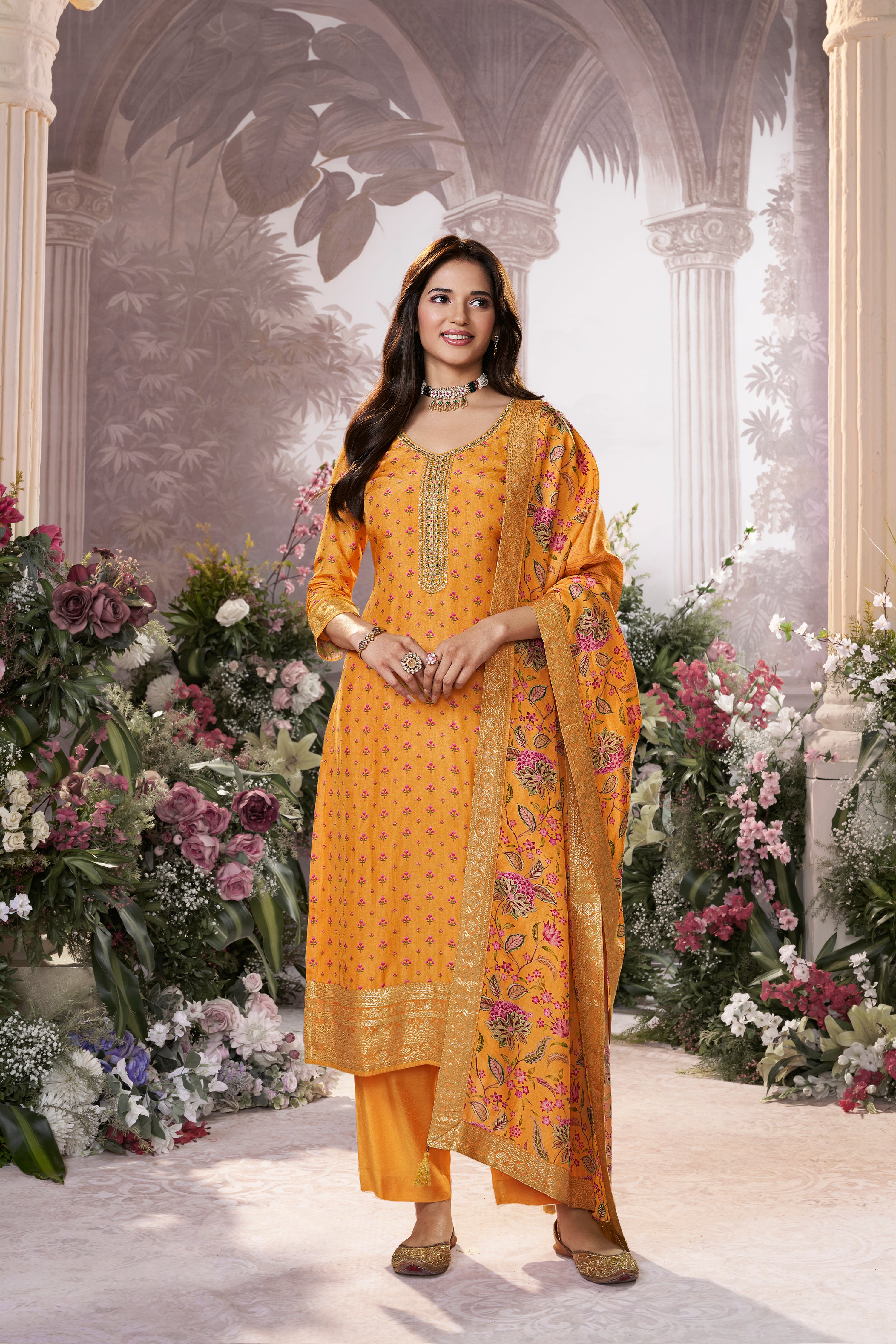Mustard Yellow Embellished Premium Silk Pant Set
