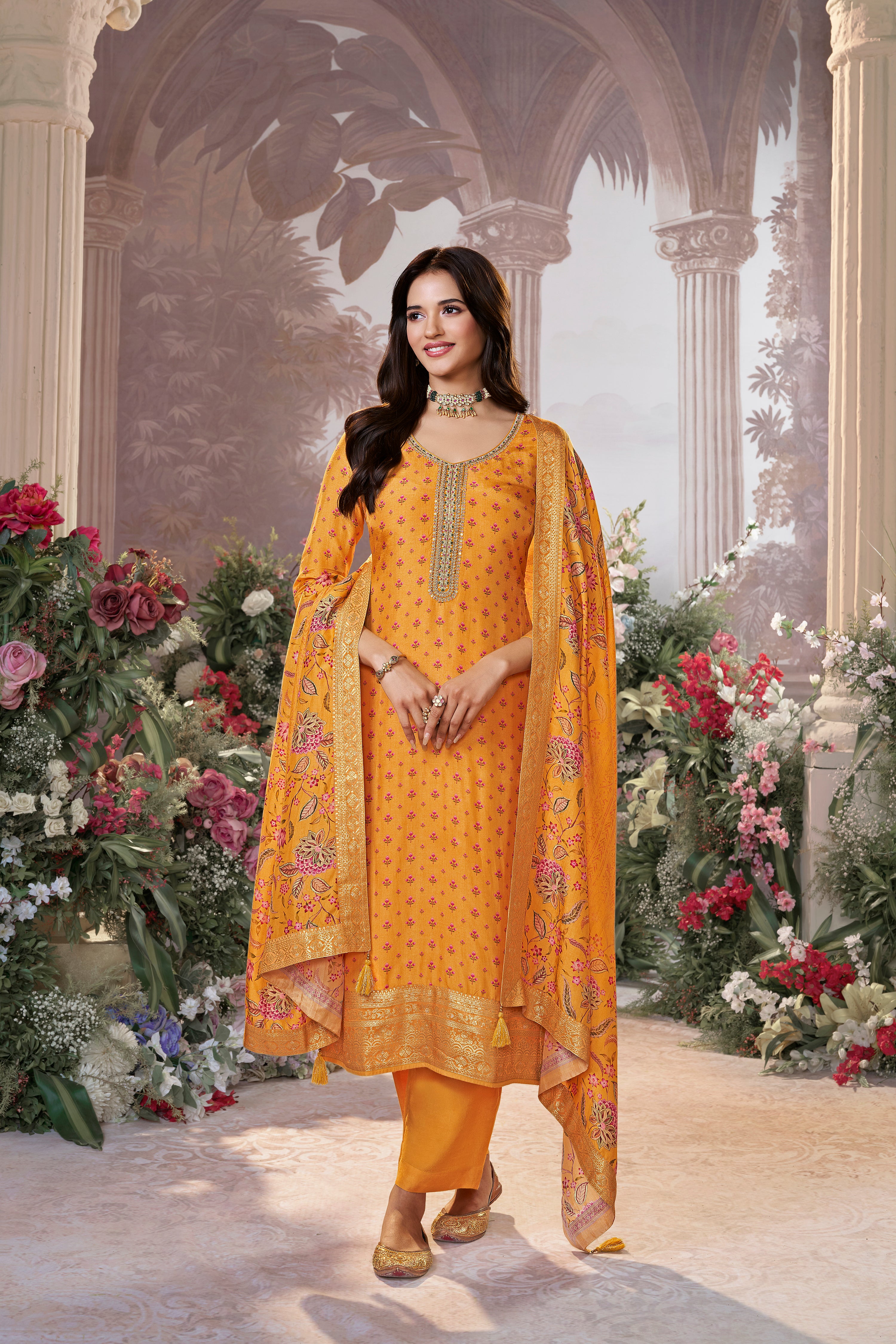 Mustard Yellow Embellished Premium Silk Pant Set