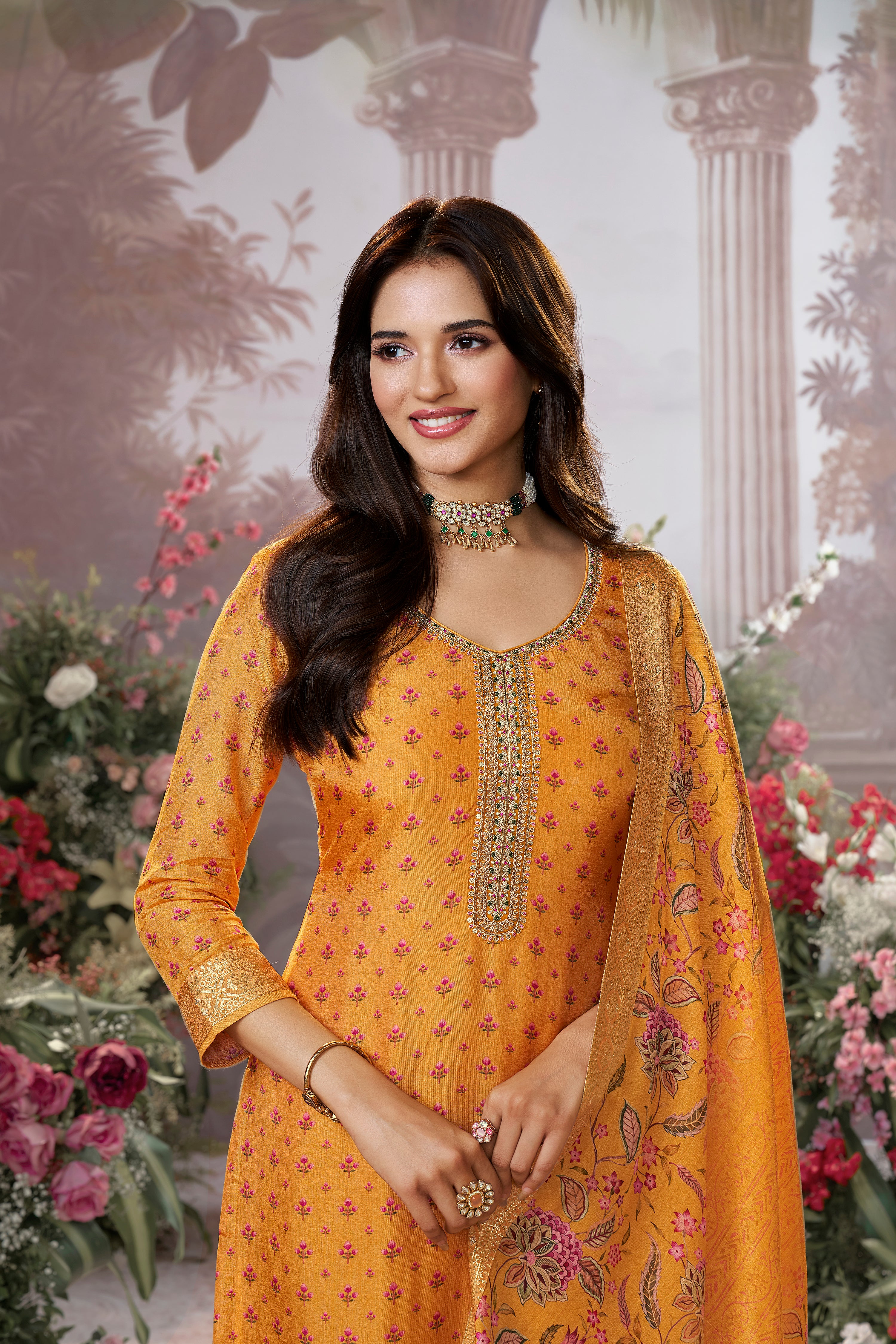 Mustard Yellow Embellished Premium Silk Pant Set