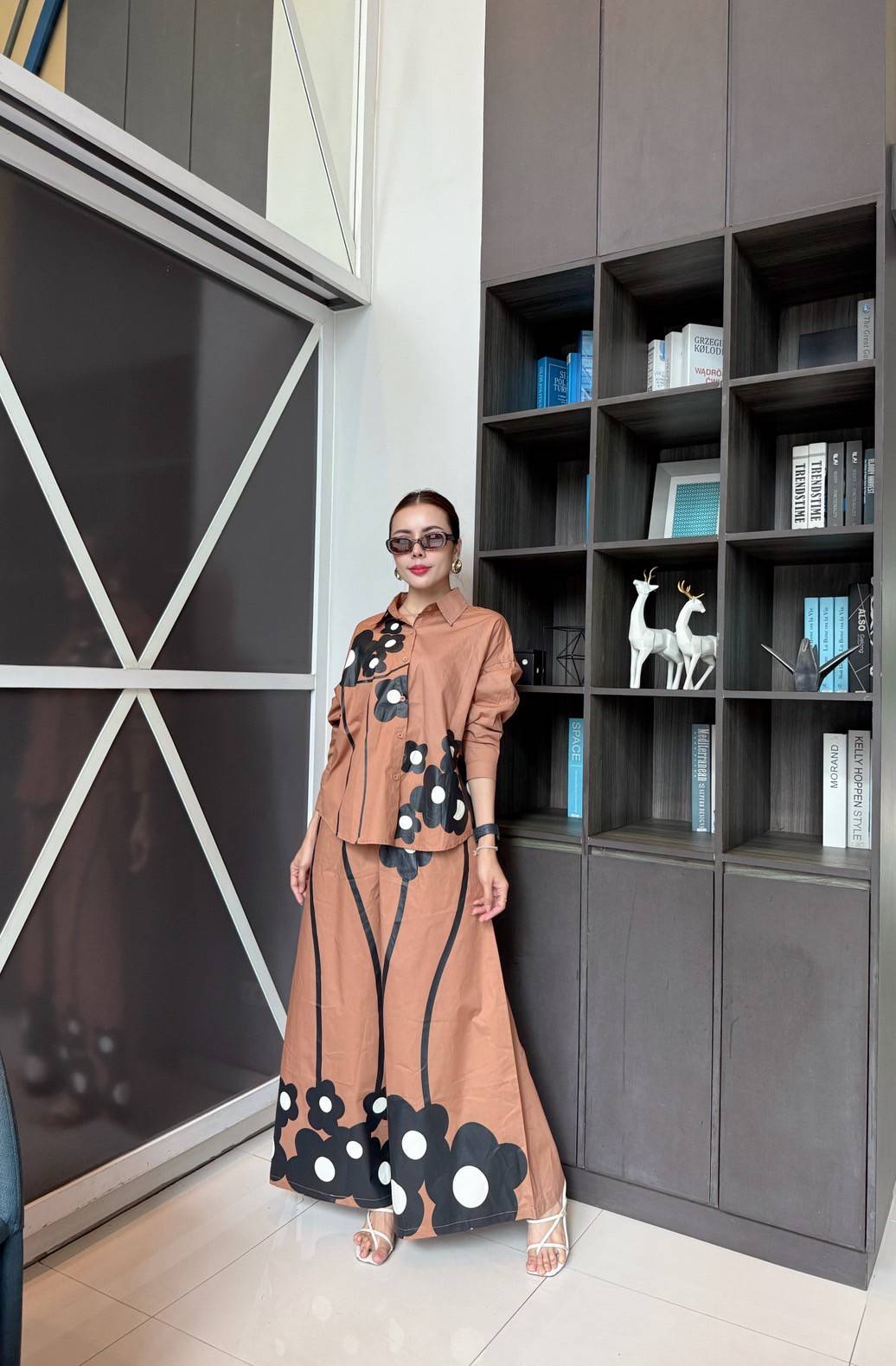 Terracotta Brown Printed Cotton Satin Co-Ord Set