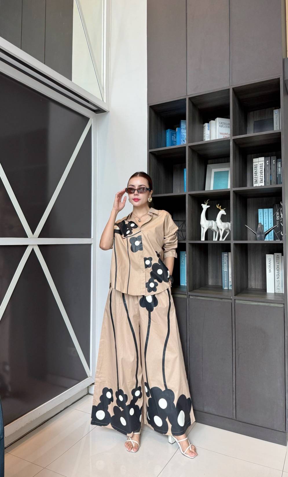 Beige Printed Cotton Satin Co-Ord Set