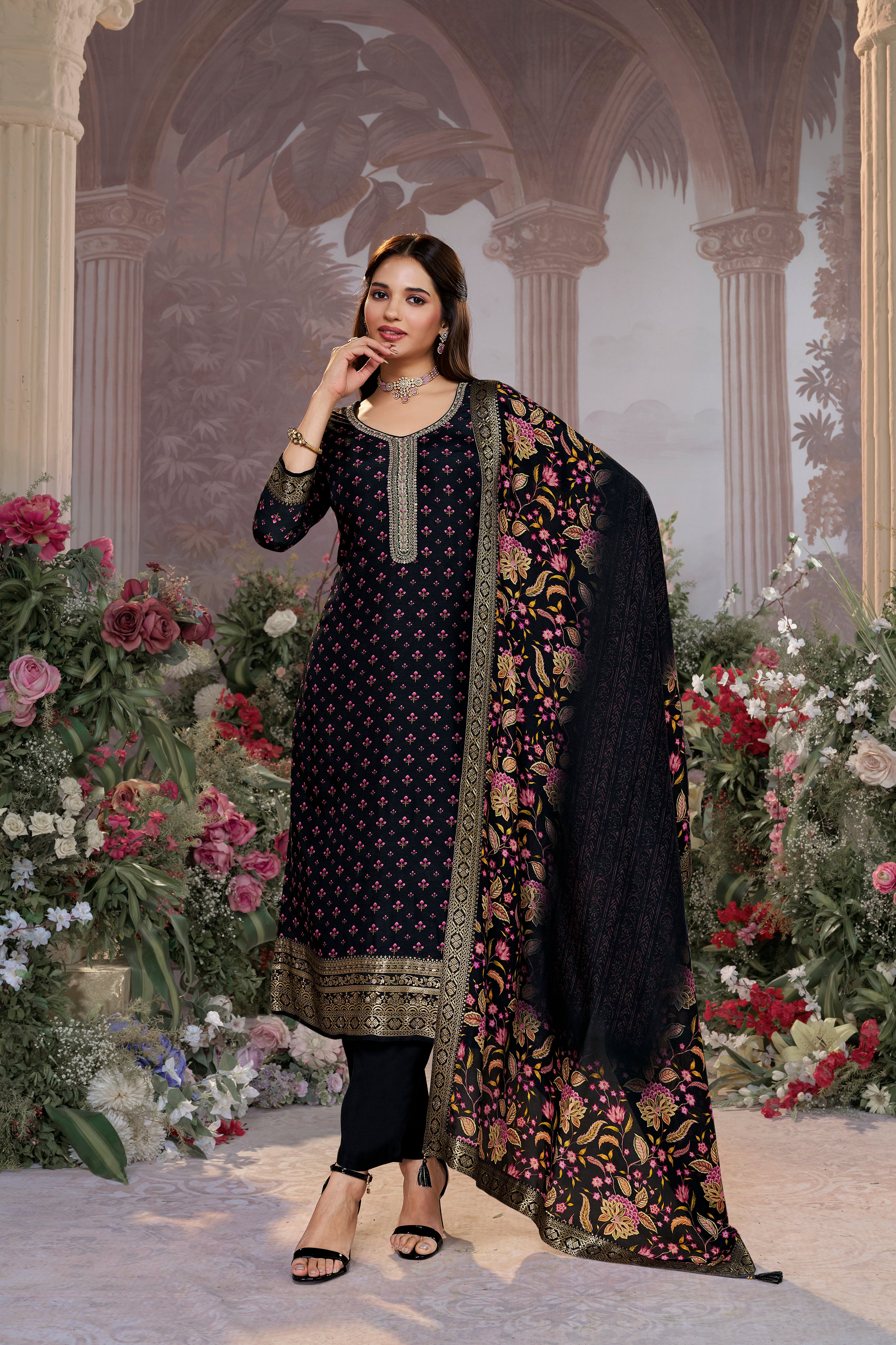Classic Black Printed Premium Silk Pant Set