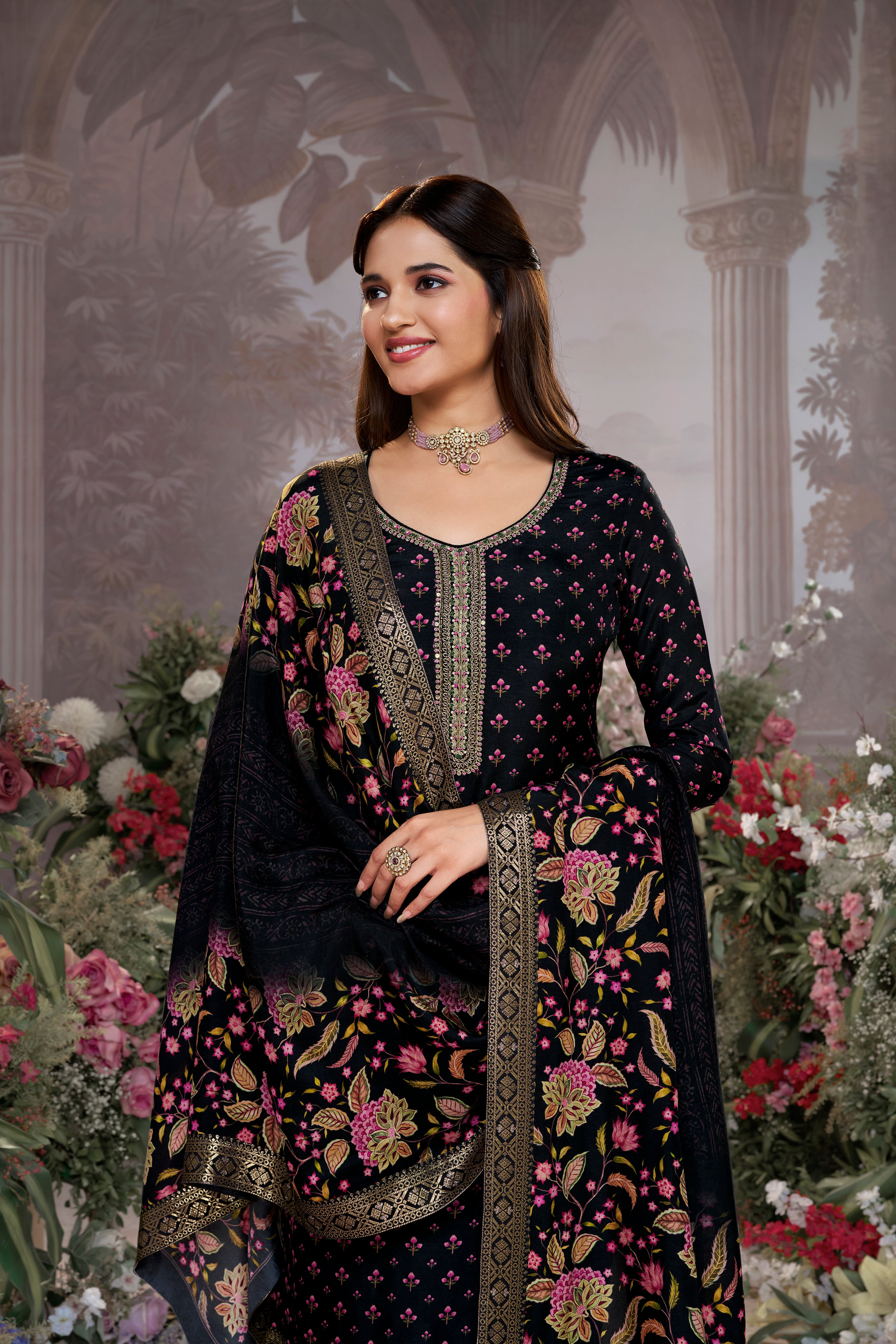 Classic Black Printed Premium Silk Pant Set