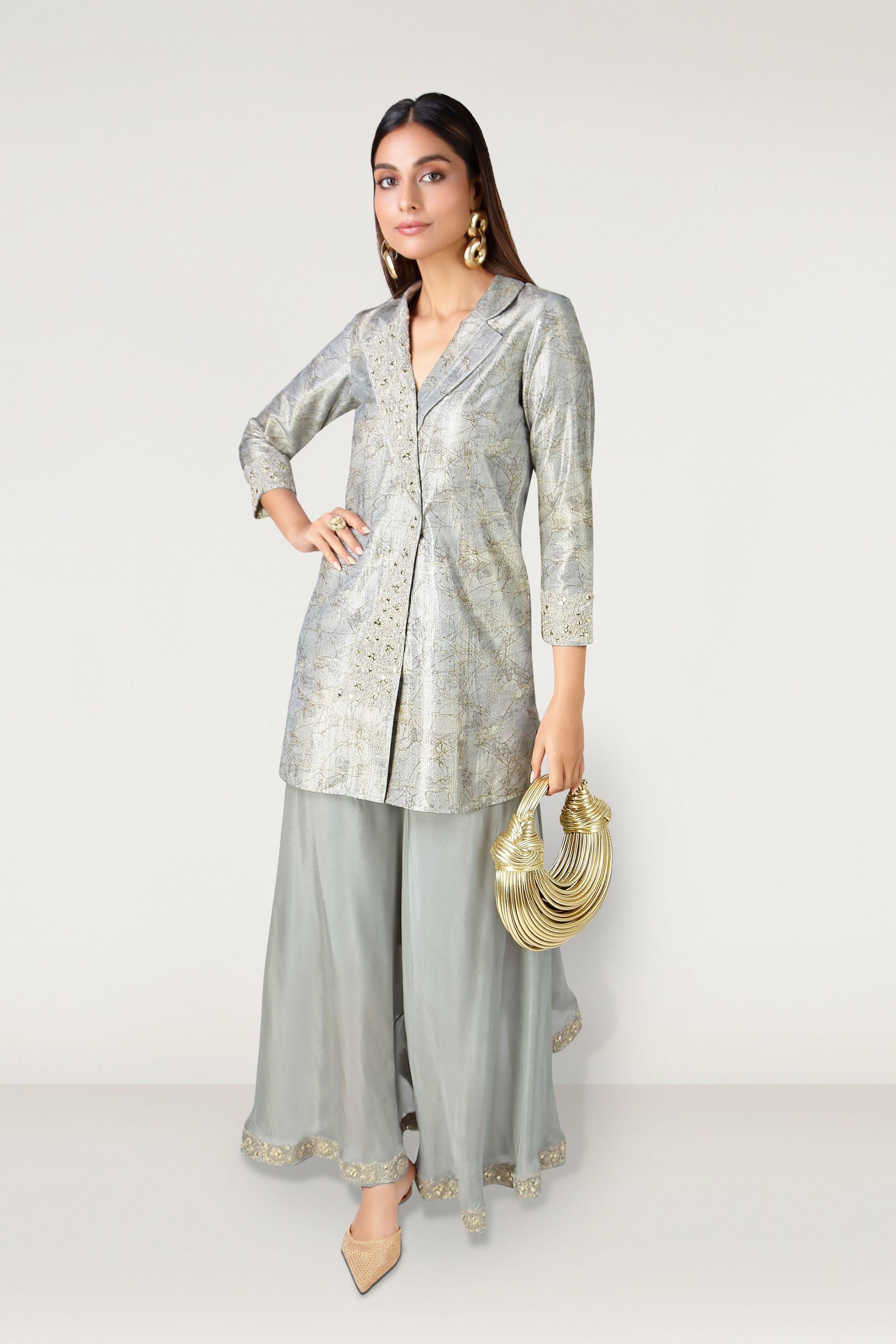 Silver Embroidered Satin Silk Palazzo Set