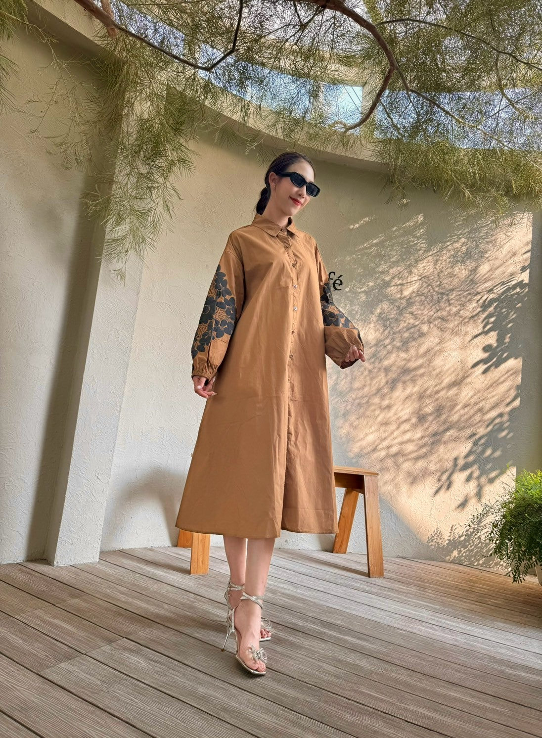 Camel Tan Embroidered Cotton Dress