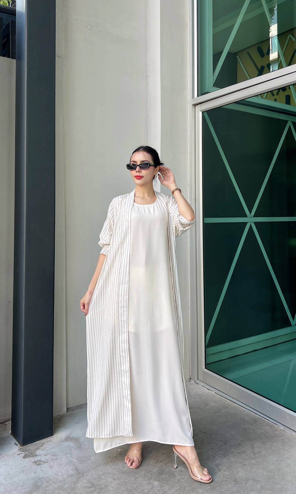 White Pinstripe Printed Crepe Silk Dress