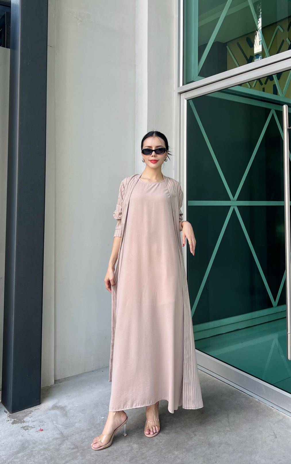 Nude Blush Pinstripe Printed Crepe Silk Dress