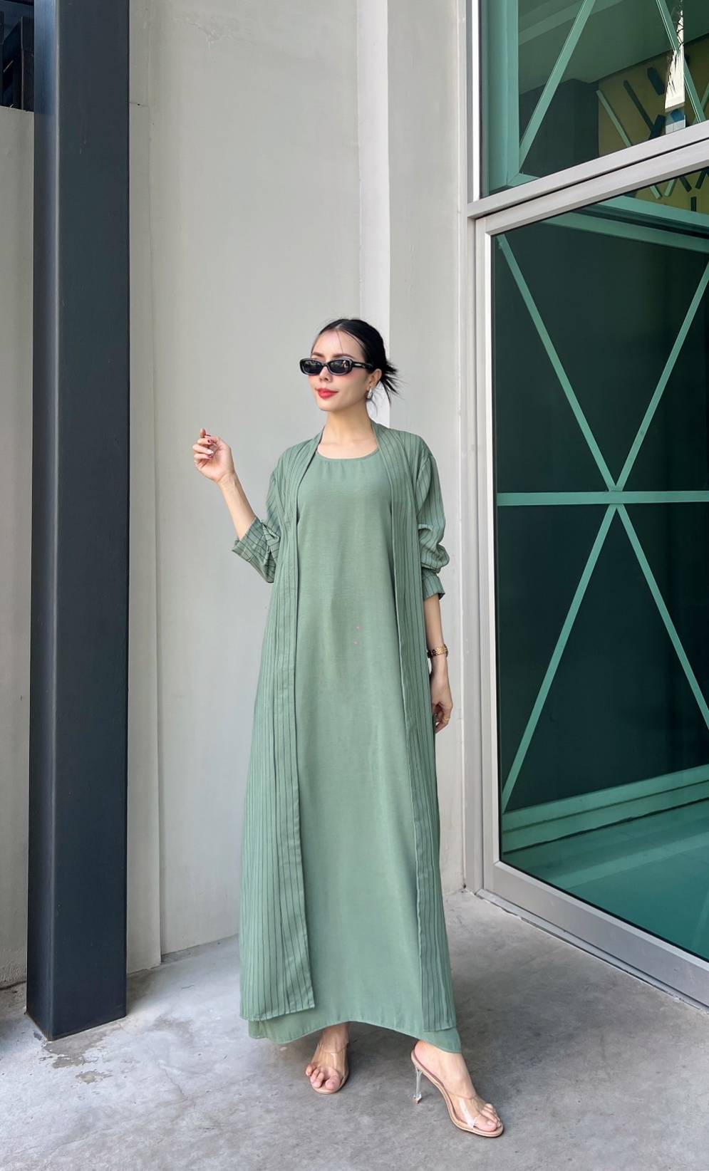 Sage Green Pinstripe Printed Crepe Silk Dress