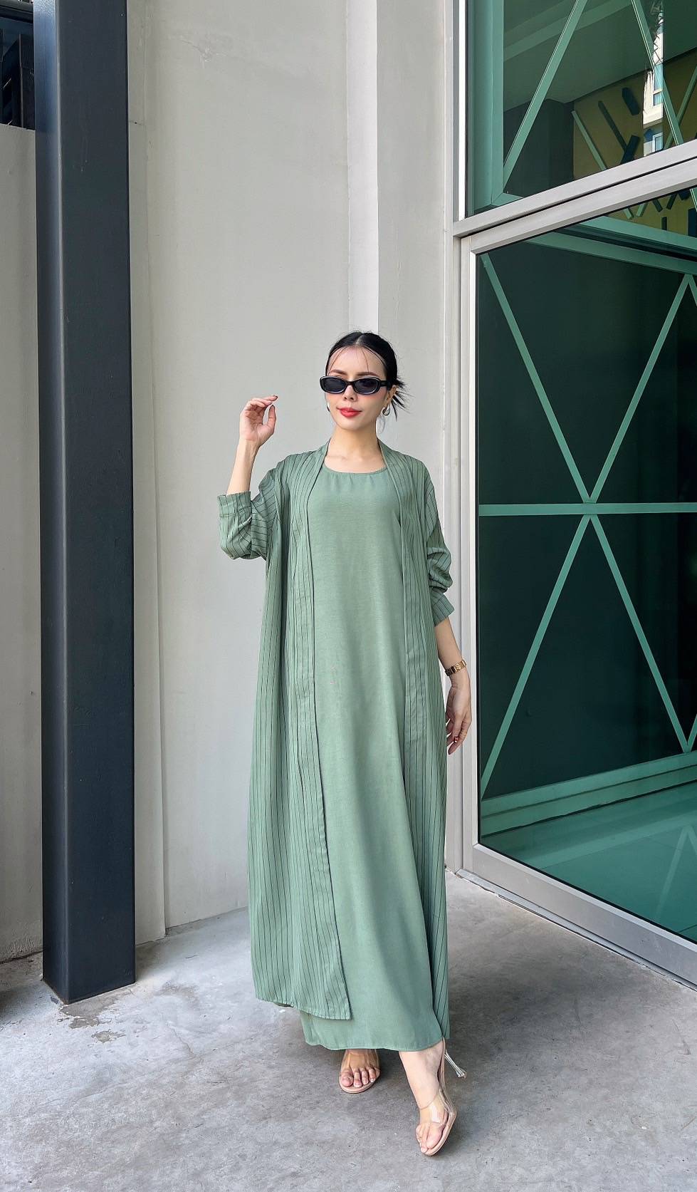 Sage Green Pinstripe Printed Crepe Silk Dress