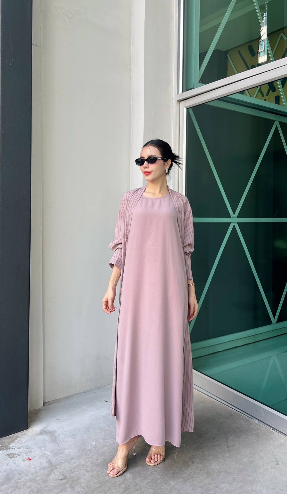 Dusty Lavender Pinstripe Printed Crepe Silk Dress