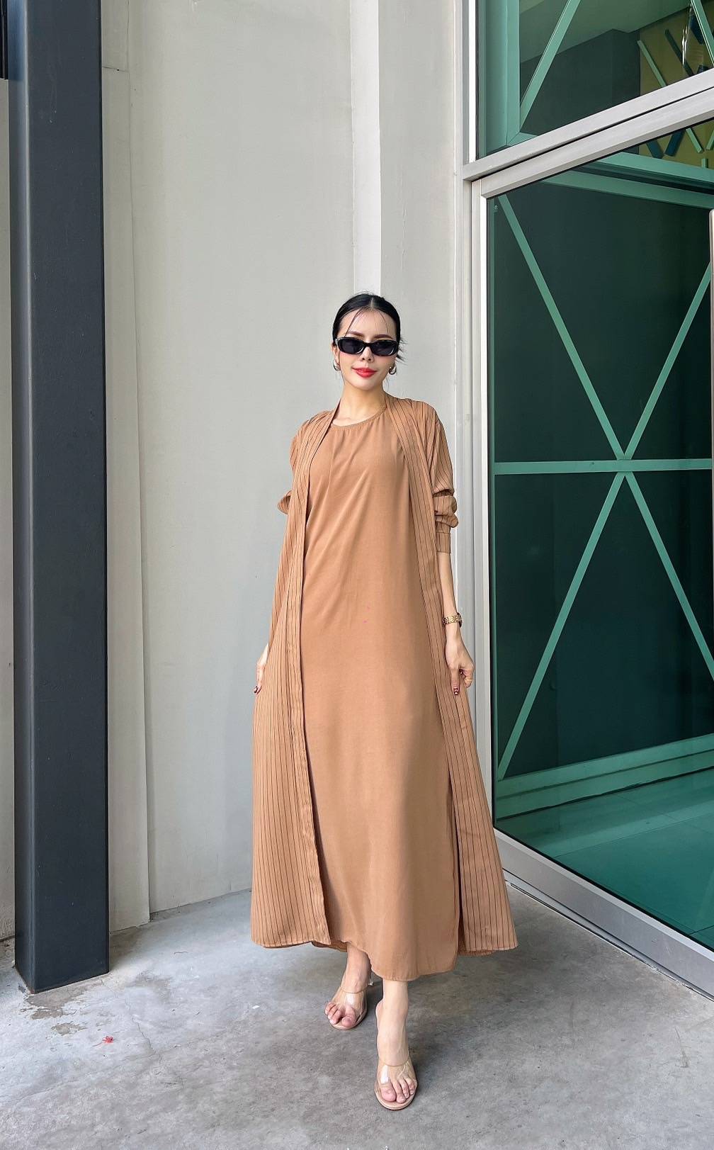 Camel Brown Pinstripe Printed Crepe Silk Dress