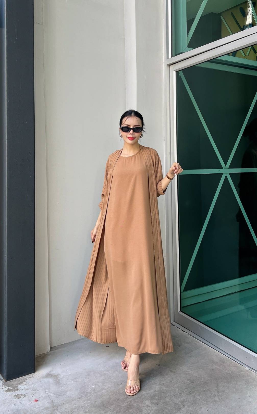 Camel Brown Pinstripe Printed Crepe Silk Dress