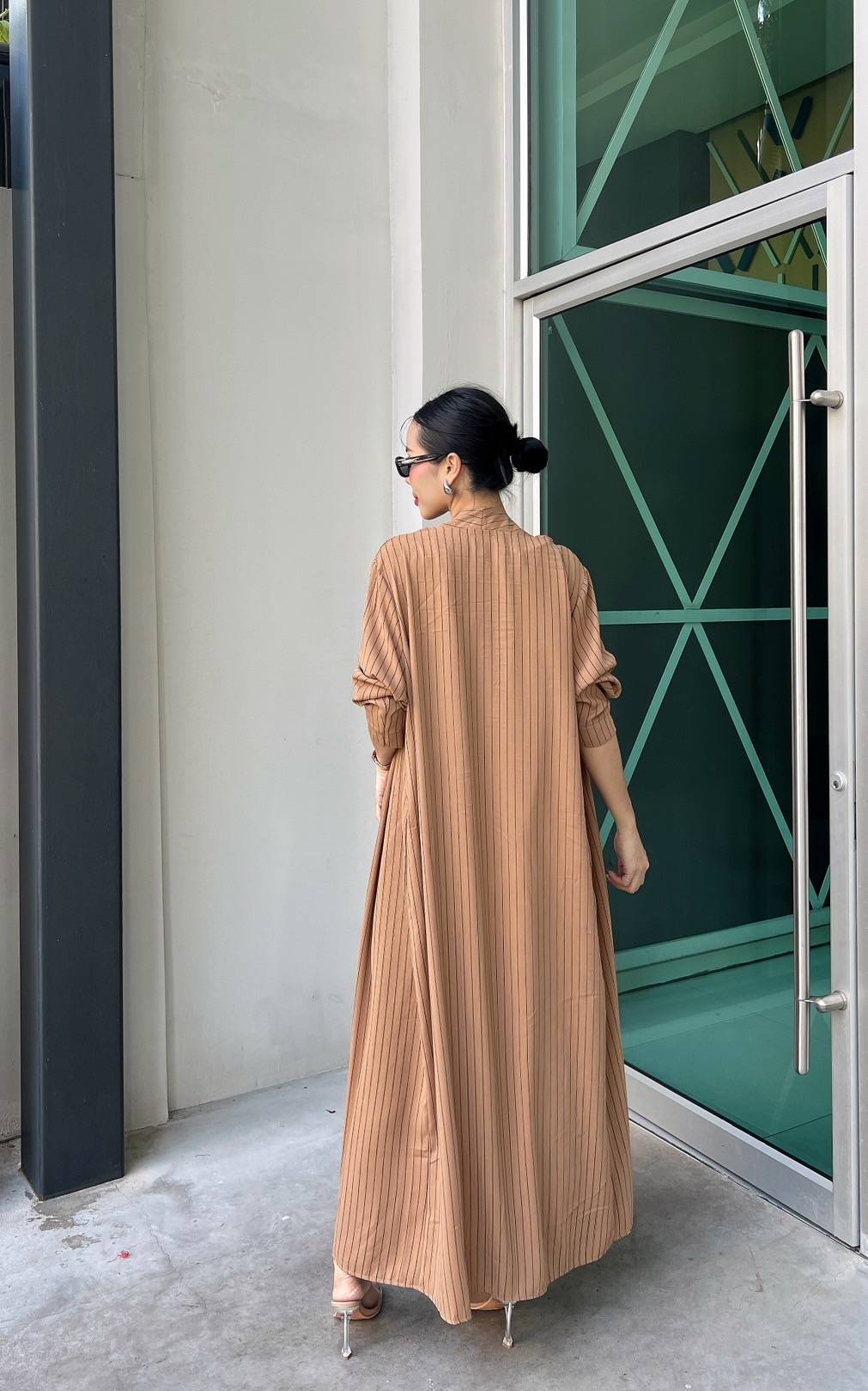 Camel Brown Pinstripe Printed Crepe Silk Dress