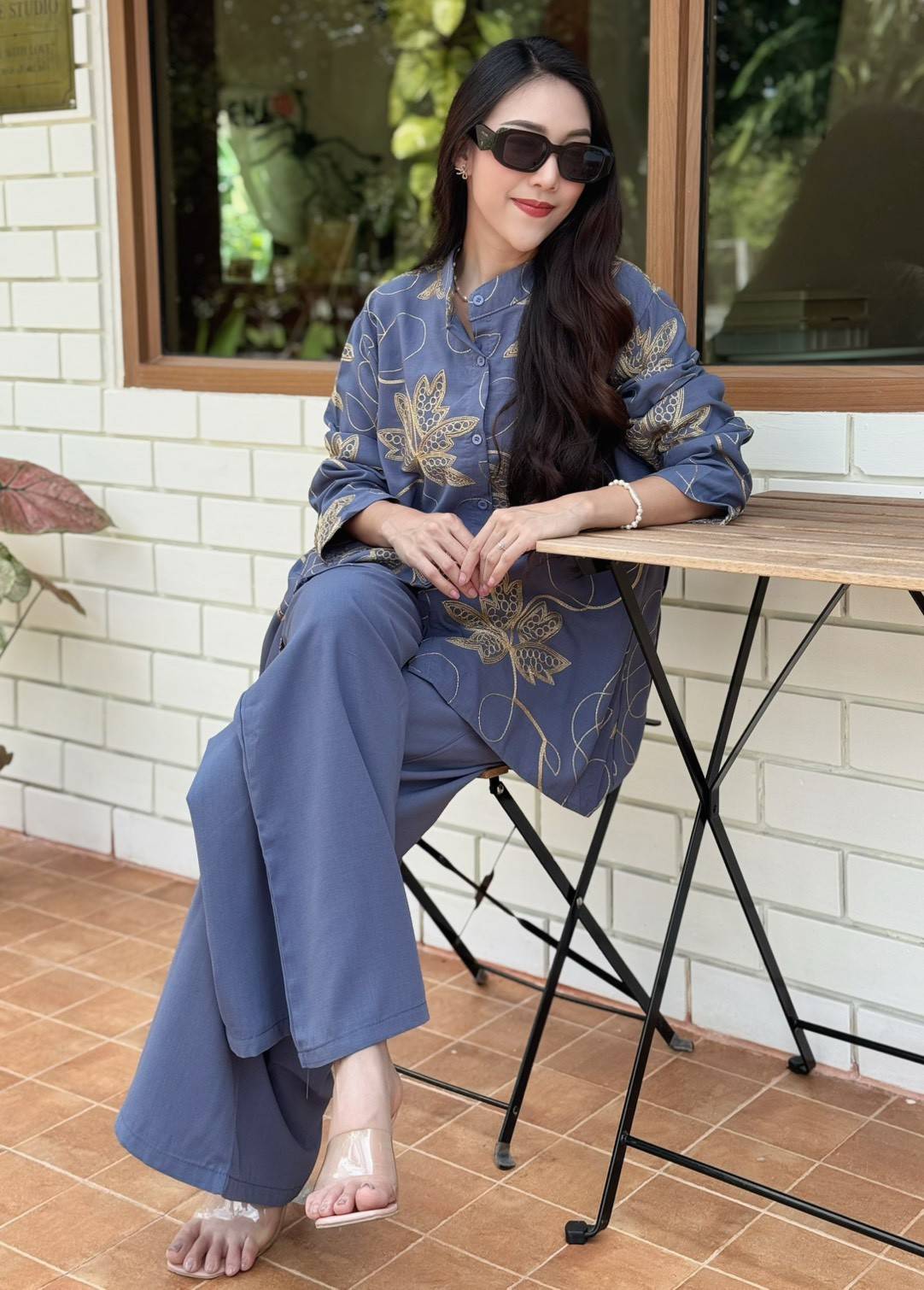 Dusty Blue Embellished Crepe Silk Co-Ord Set