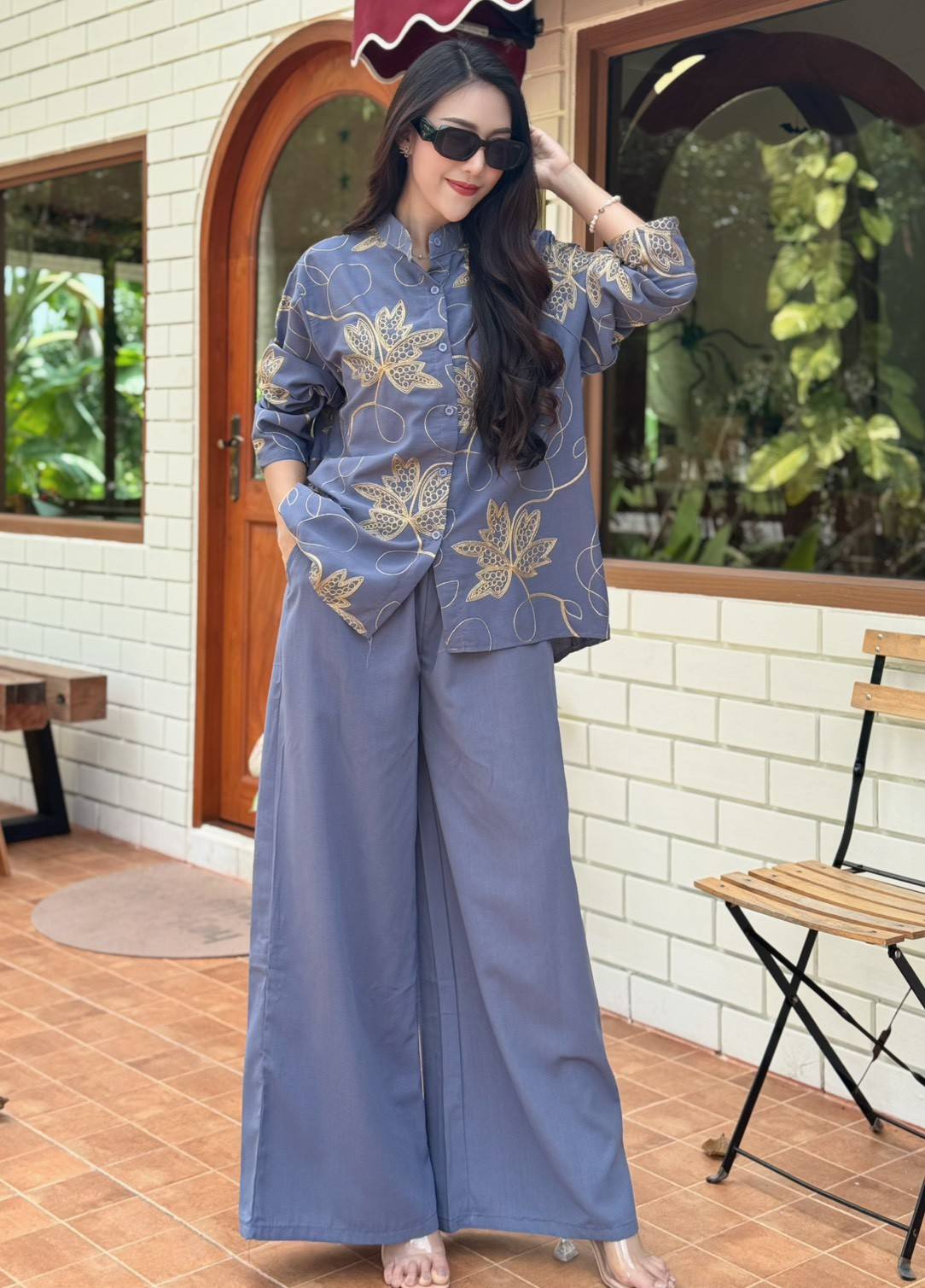 Dusty Blue Embellished Crepe Silk Co-Ord Set