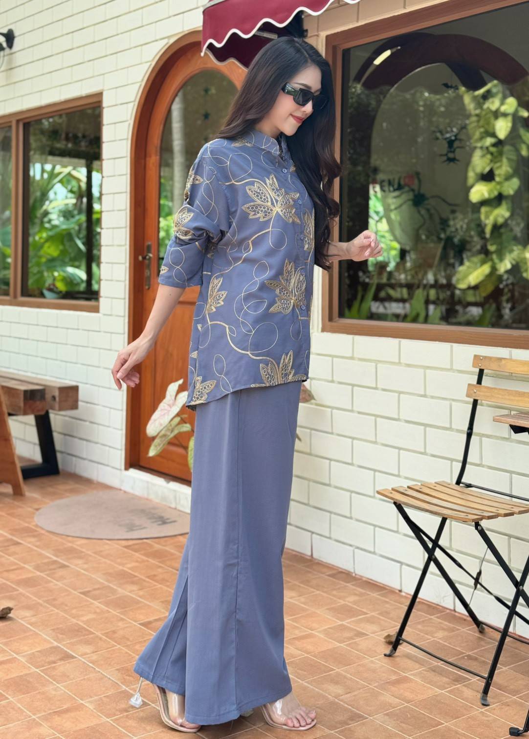 Dusty Blue Embellished Crepe Silk Co-Ord Set