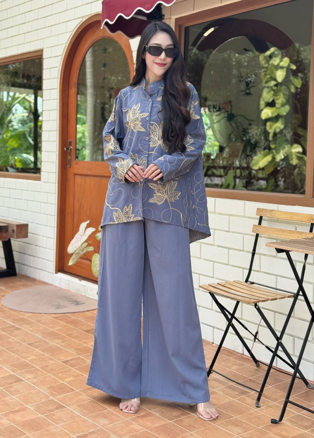 Dusty Blue Embellished Crepe Silk Co-Ord Set