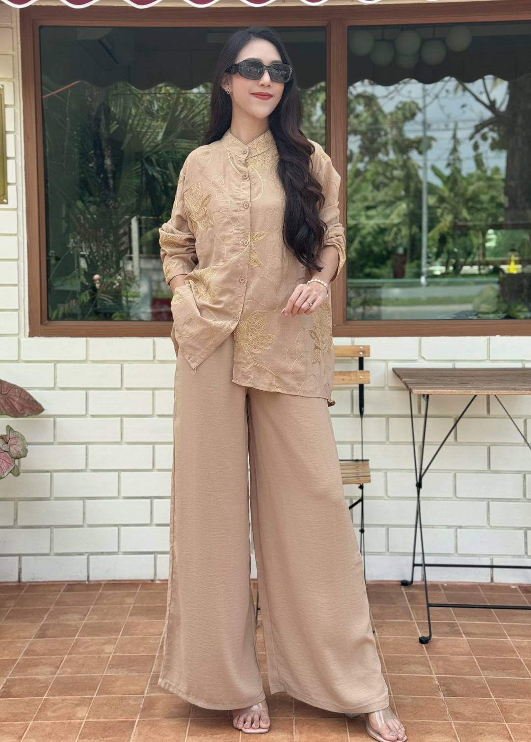 Sandy Beige Embellished Crepe Silk Co-Ord Set