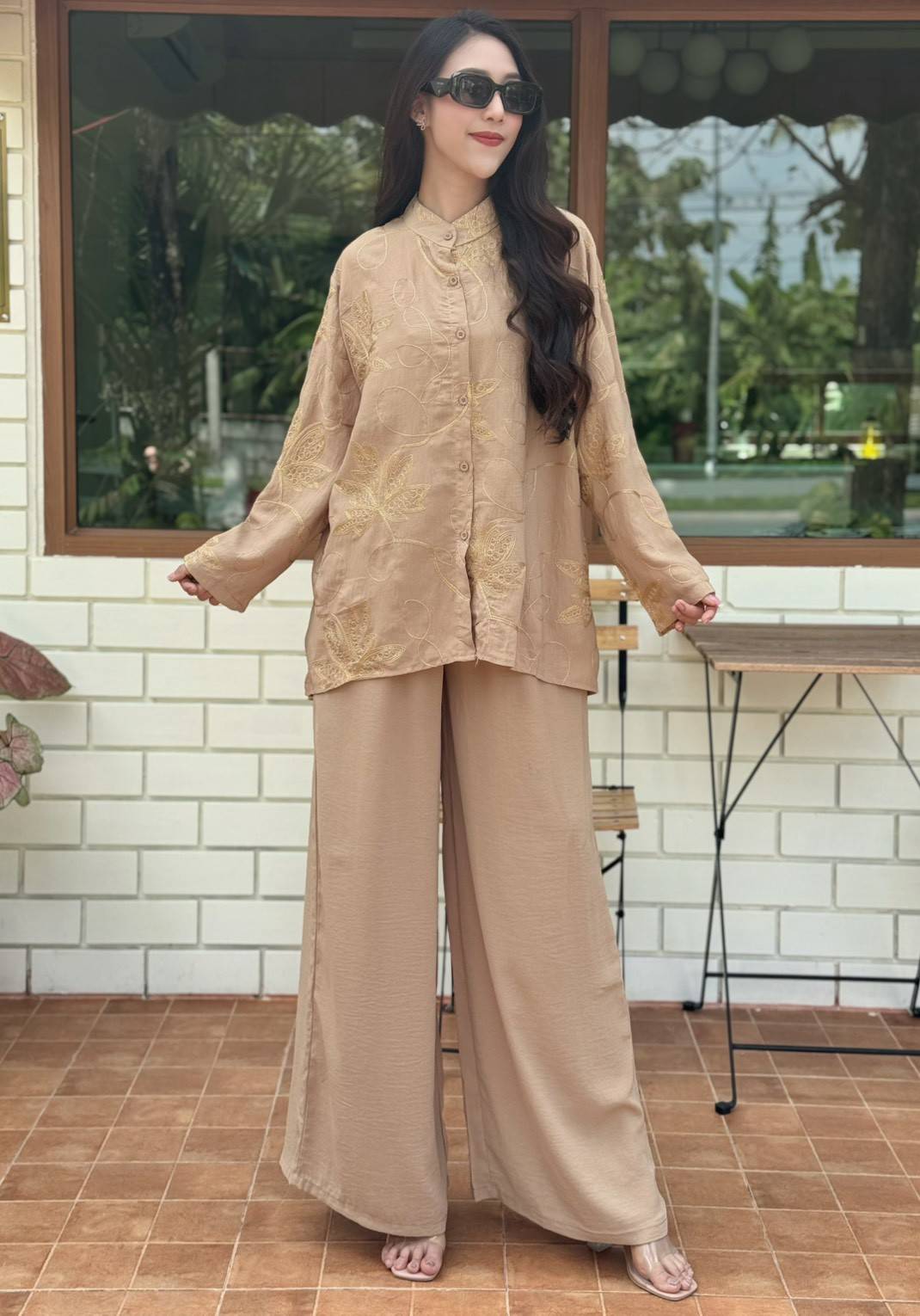 Sandy Beige Embellished Crepe Silk Co-Ord Set