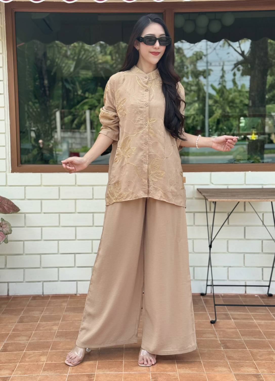 Sandy Beige Embellished Crepe Silk Co-Ord Set