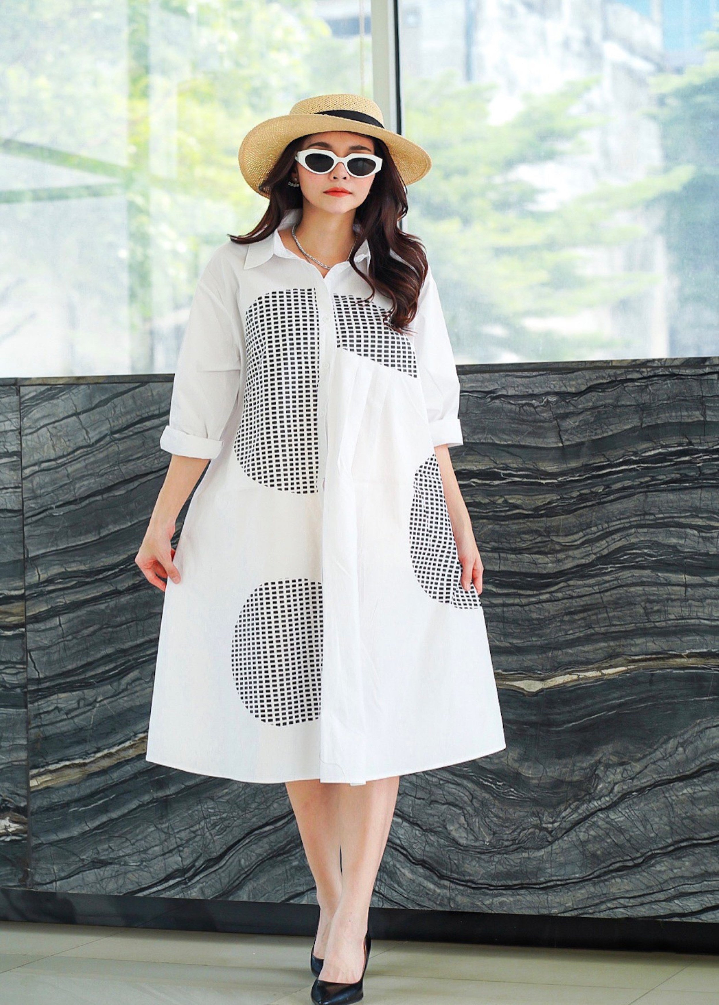 White Geometric Printed Cotton Dress