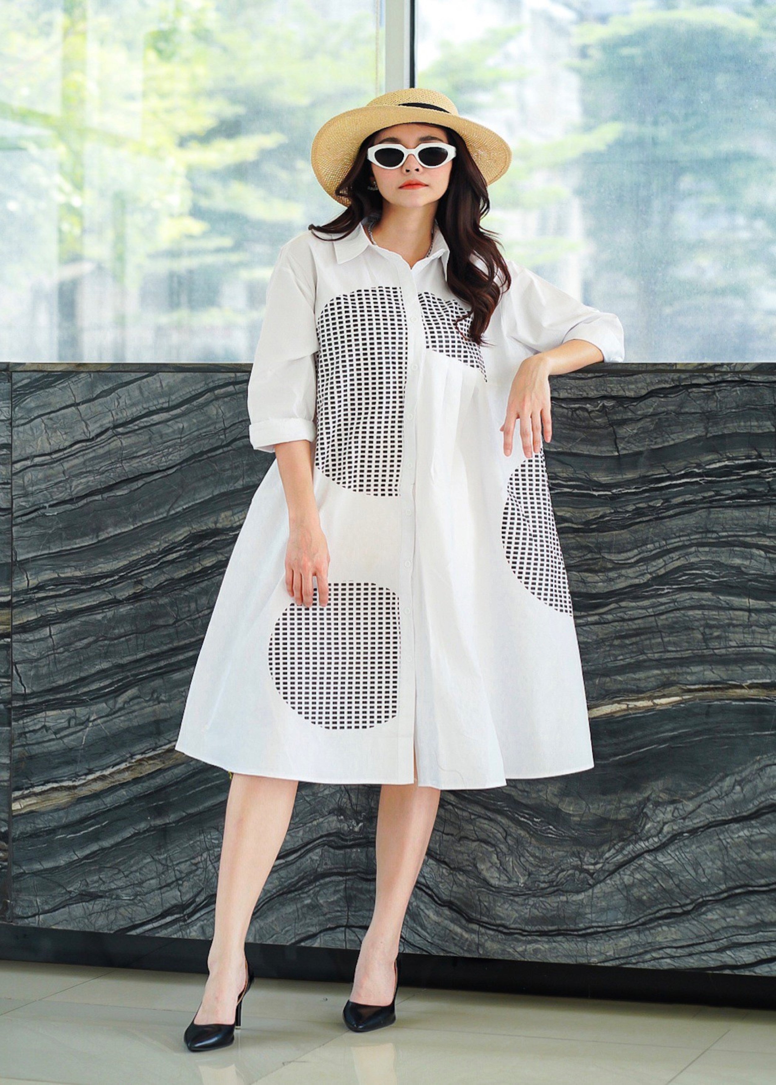 White Geometric Printed Cotton Dress