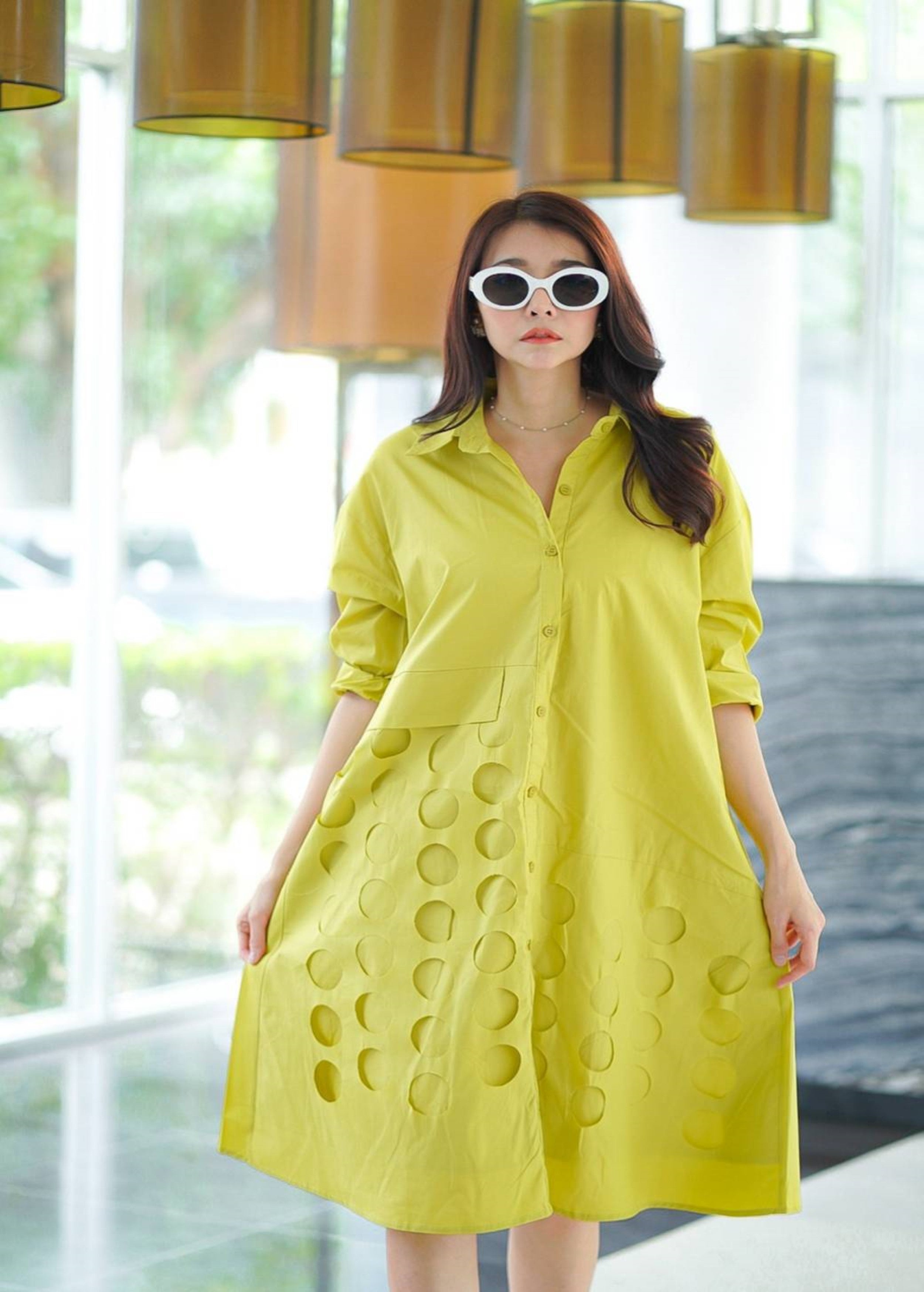 Lime Die Cut Panel Work Tunic Dress