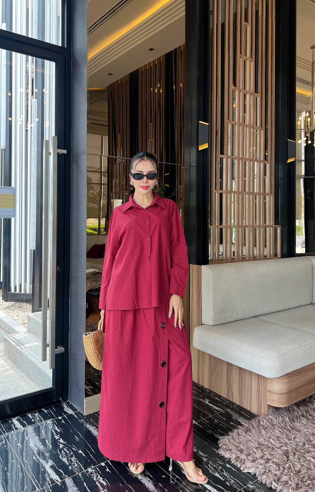 Berry Button-Detail Organic Cotton Co-Ord Set