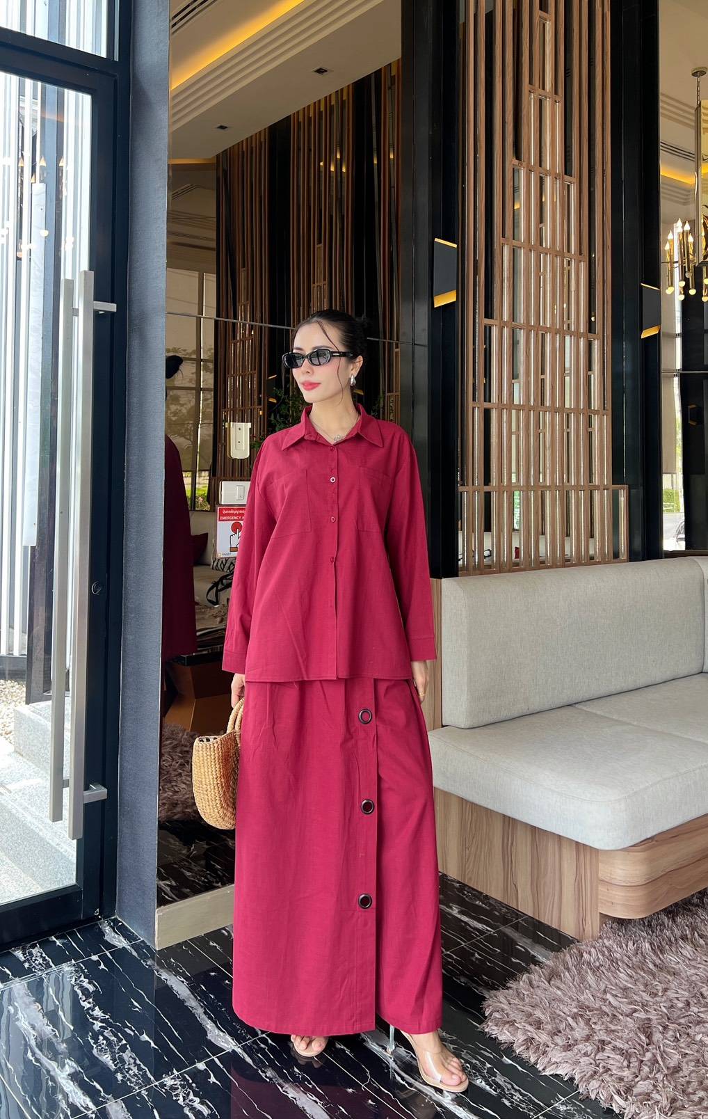 Berry Button-Detail Organic Cotton Co-Ord Set