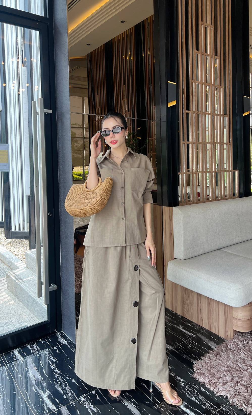 Greige Grey Button-Detail Organic Cotton Co-Ord Set