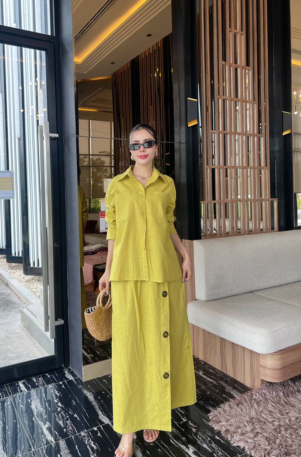 Greenish-Yellow Button-Detail Organic Cotton Co-Ord Set