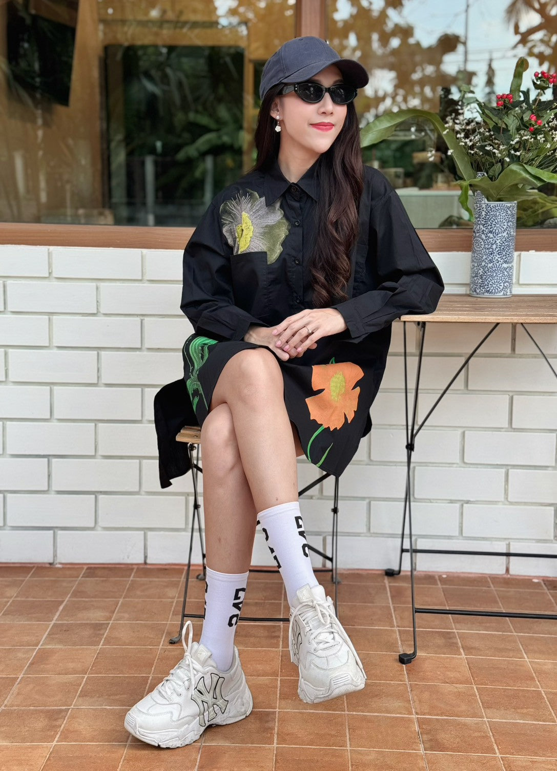 Black Botanical Printed Cotton Shirt Dress