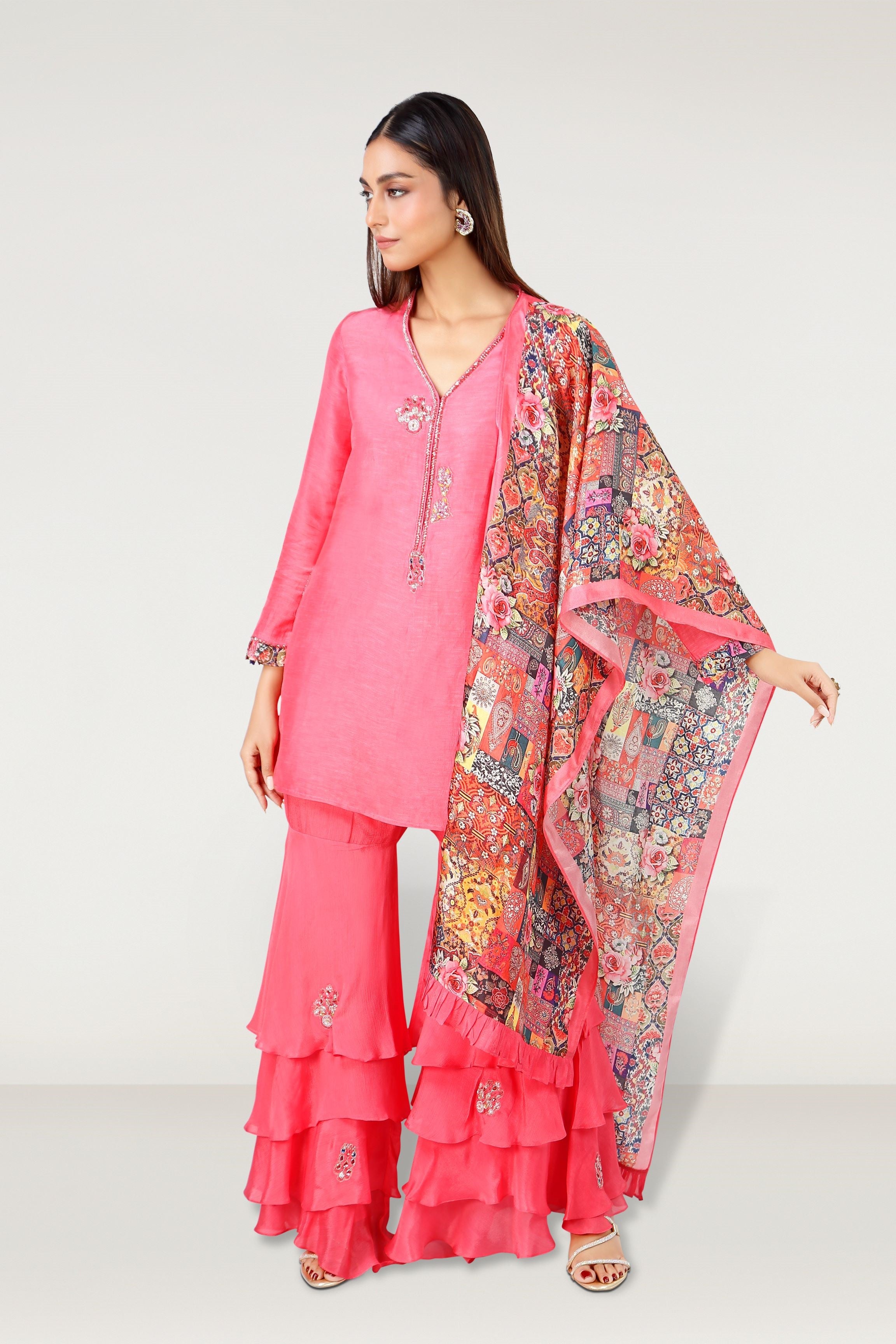 Pink Embroidered Premium Silk Sharara Set