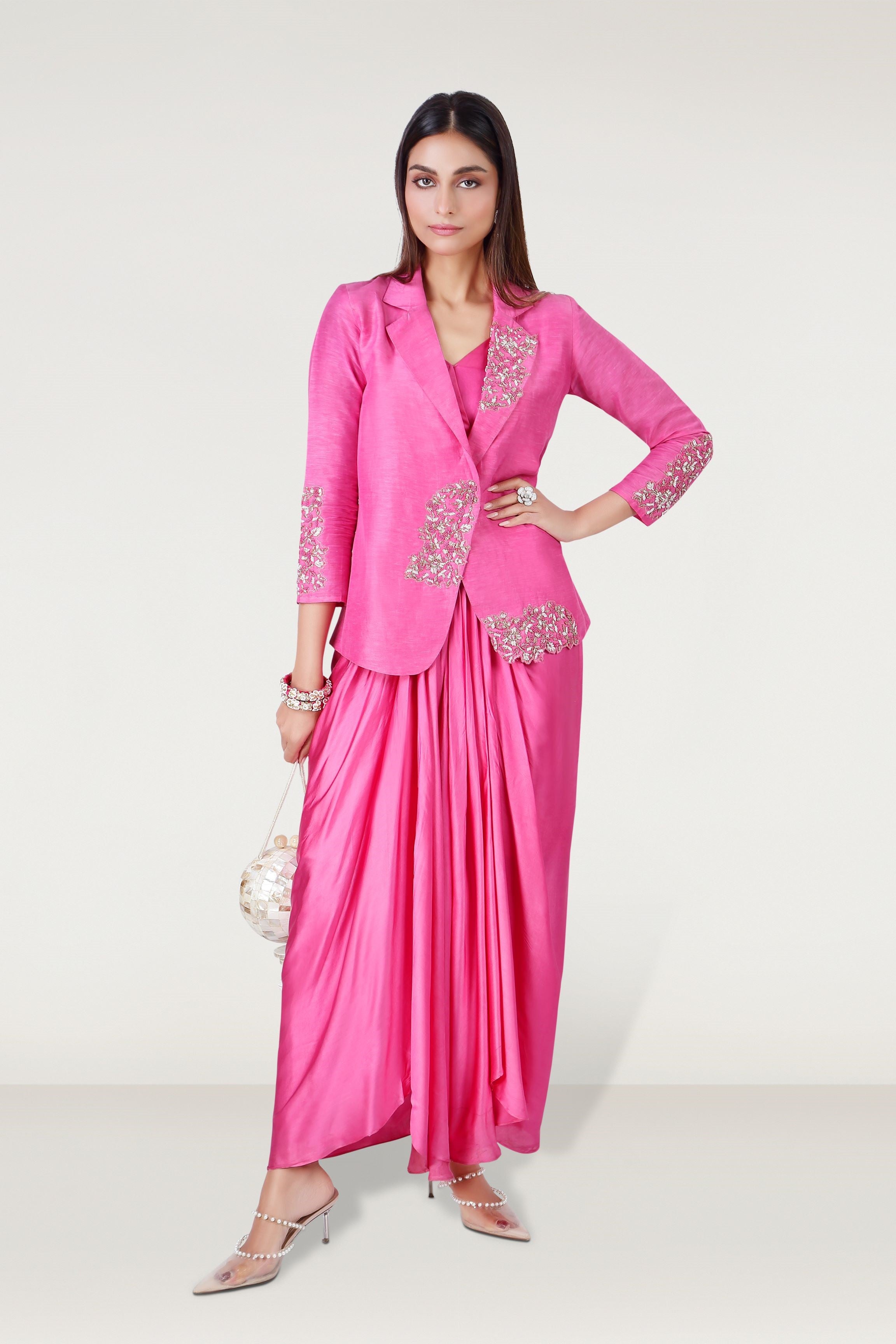 Pink Embellished Satin Silk Draped Skirt Set