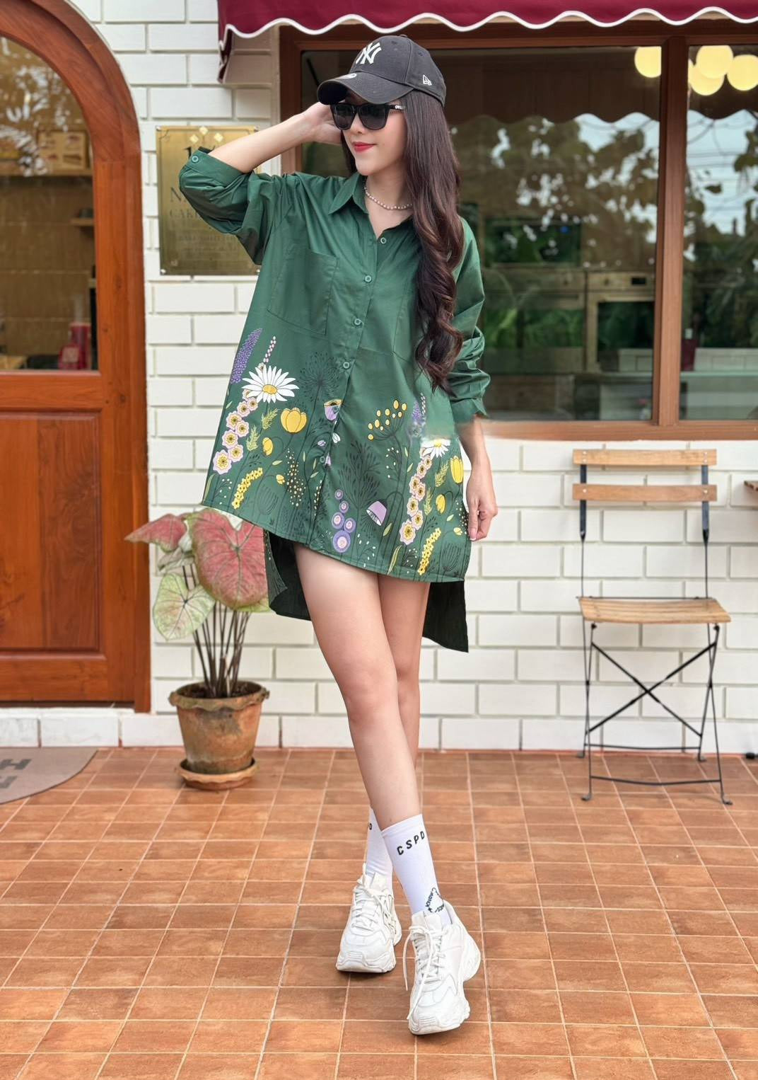 Forest Green Wildflower Meadow Cotton Shirt Dress