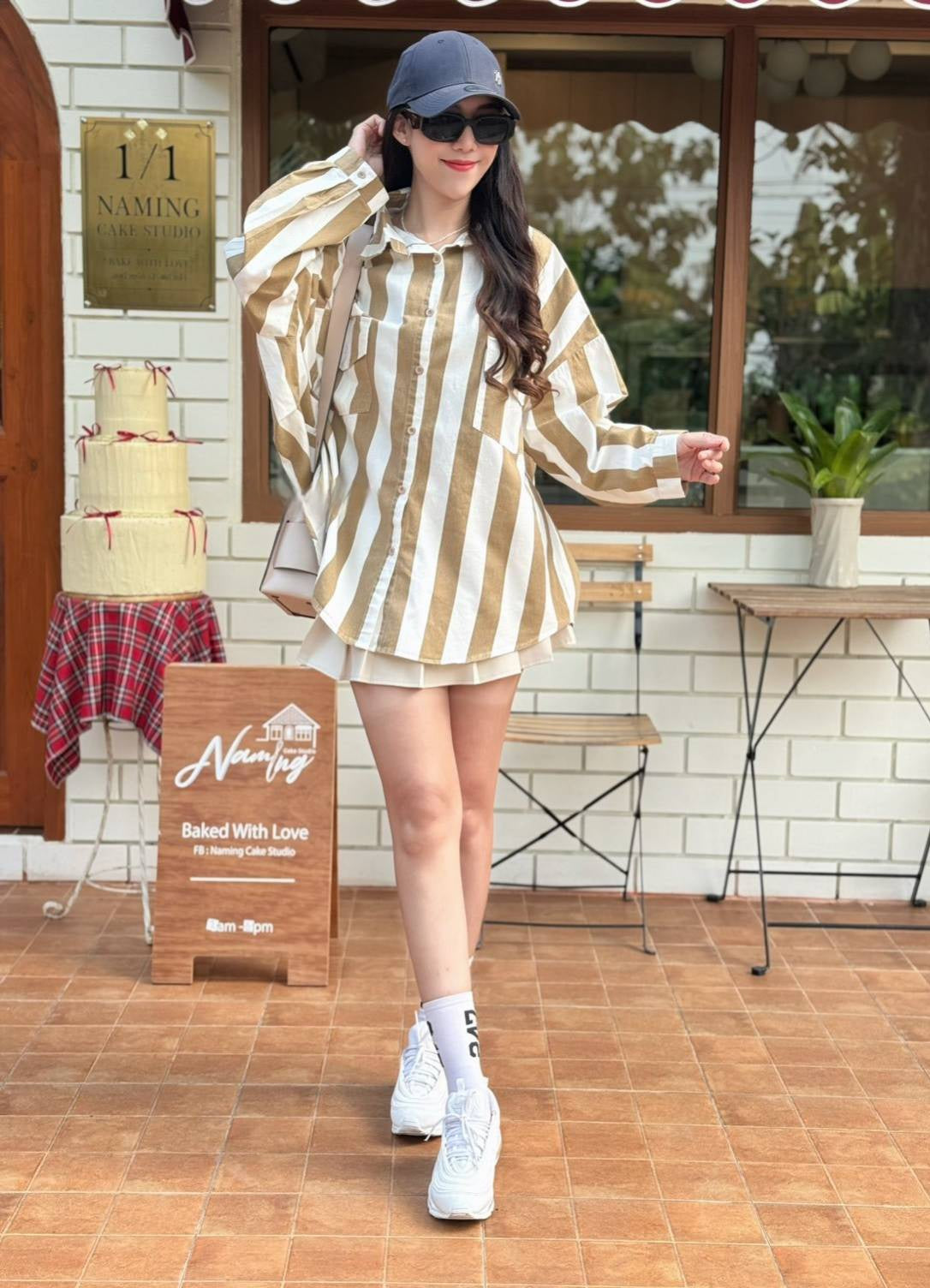 Khakhi-White Bold Striped Oversized Light Denim Shirt