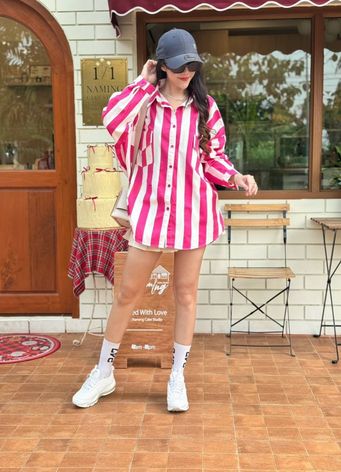 Hot Pink-White Bold Striped Oversized Light Denim Shirt