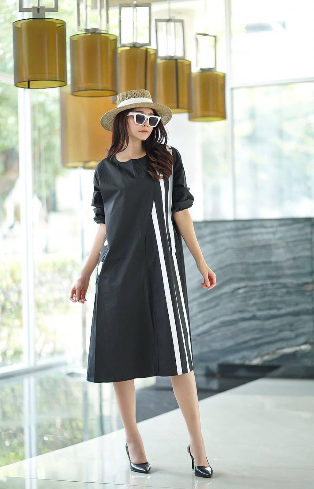 Black and White Geometric Printed Cotton Dress