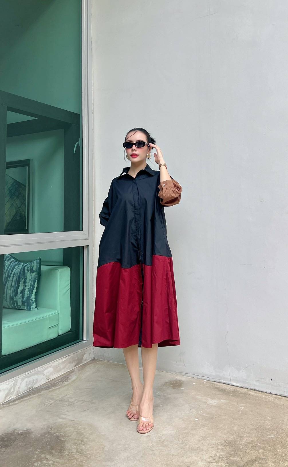 Black Urban Color-Block Cotton Midi Dress