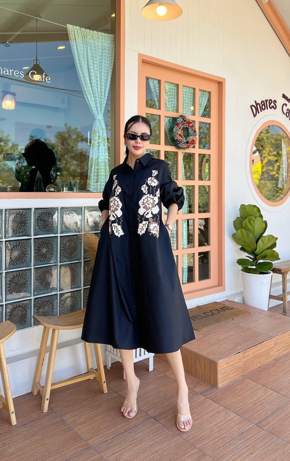 Black 3D Patchwork Oversized Cotton Shirt Dress