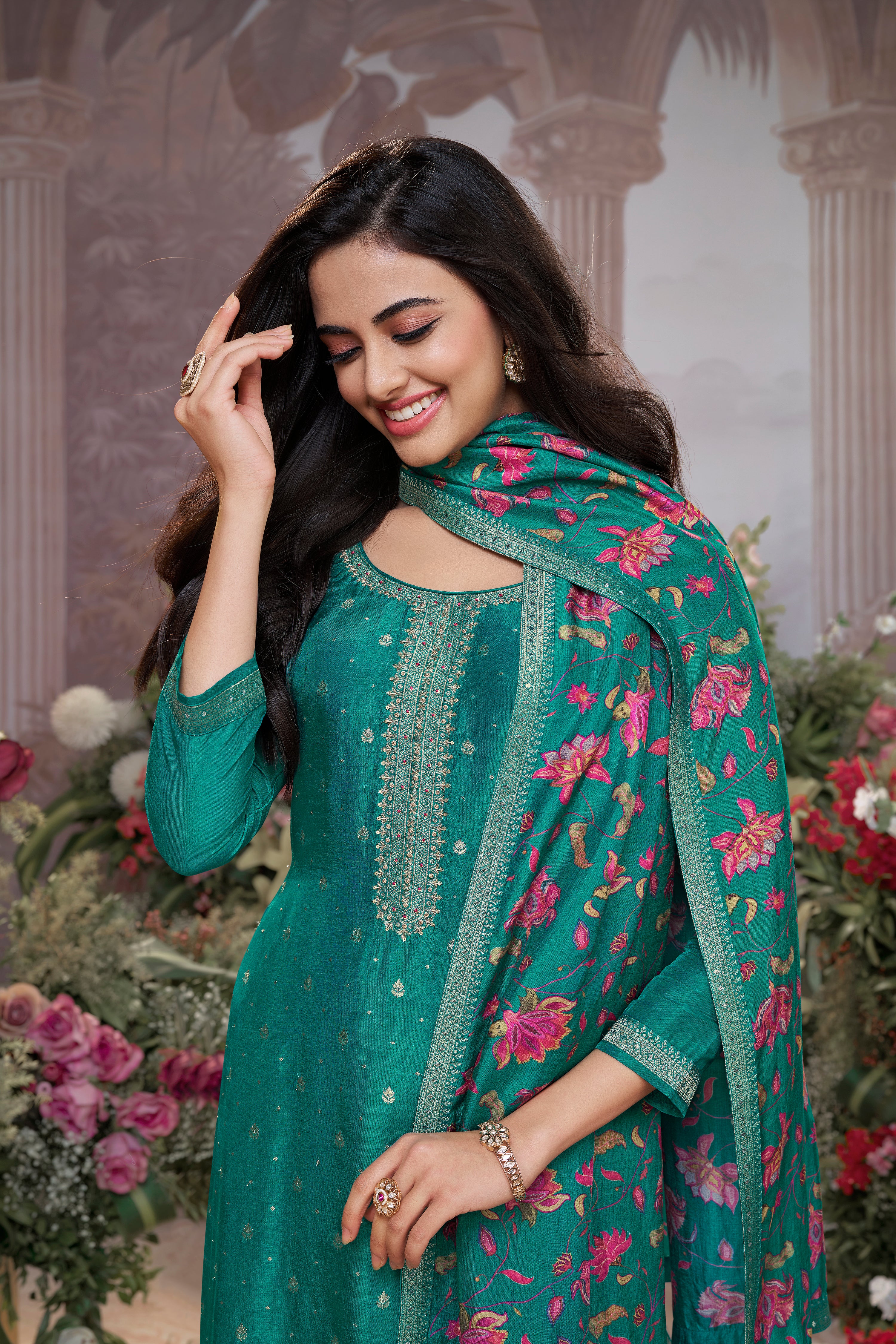 Teal Green  Embellished Premium Silk Pant Set