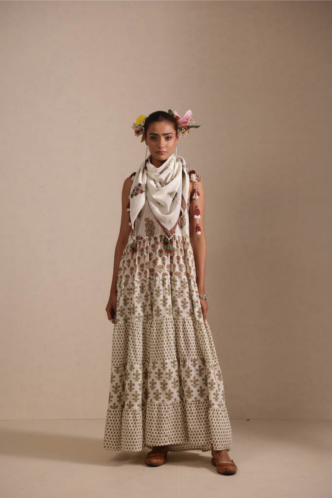Whisper White Booti Printed Cotton Anarkali Set