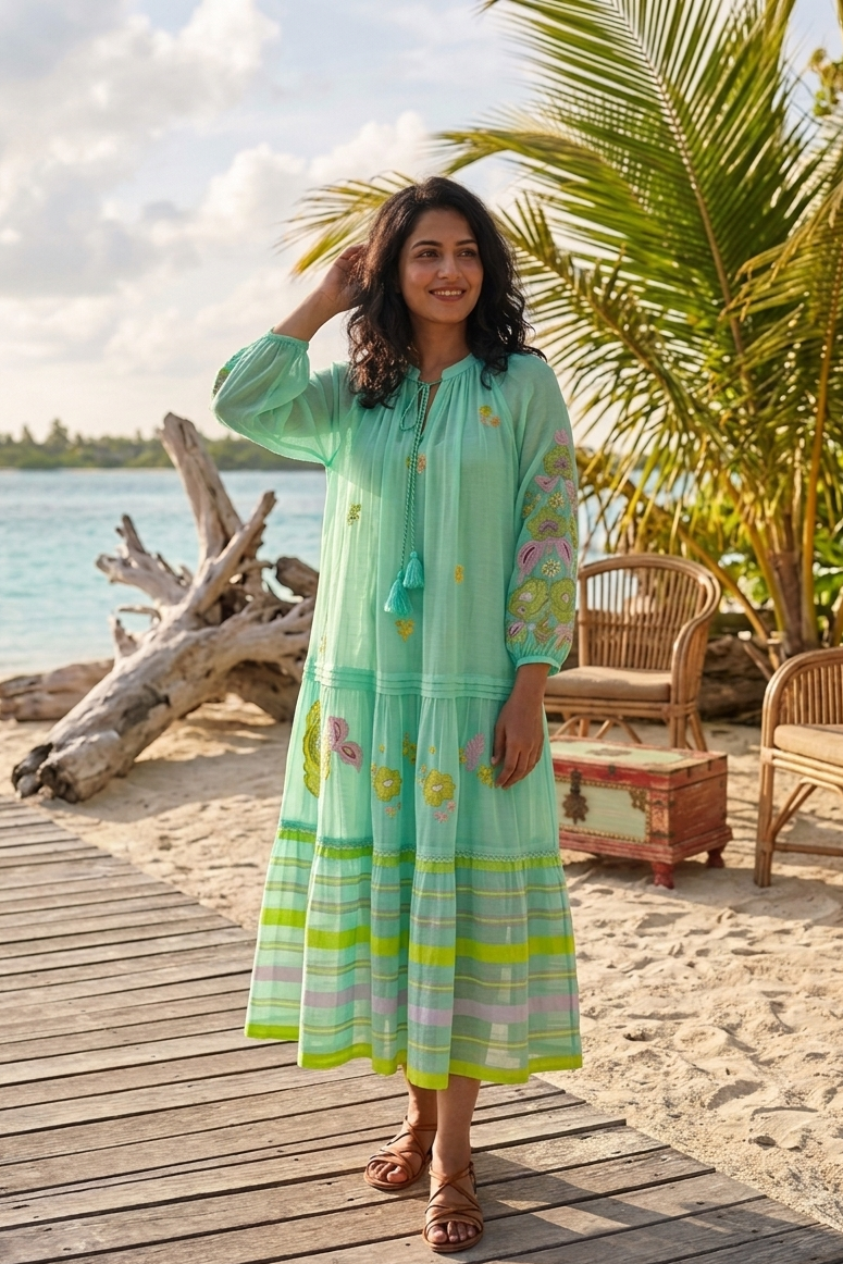 Mint Blue Embroidered Chanderi Silk Midi Dress