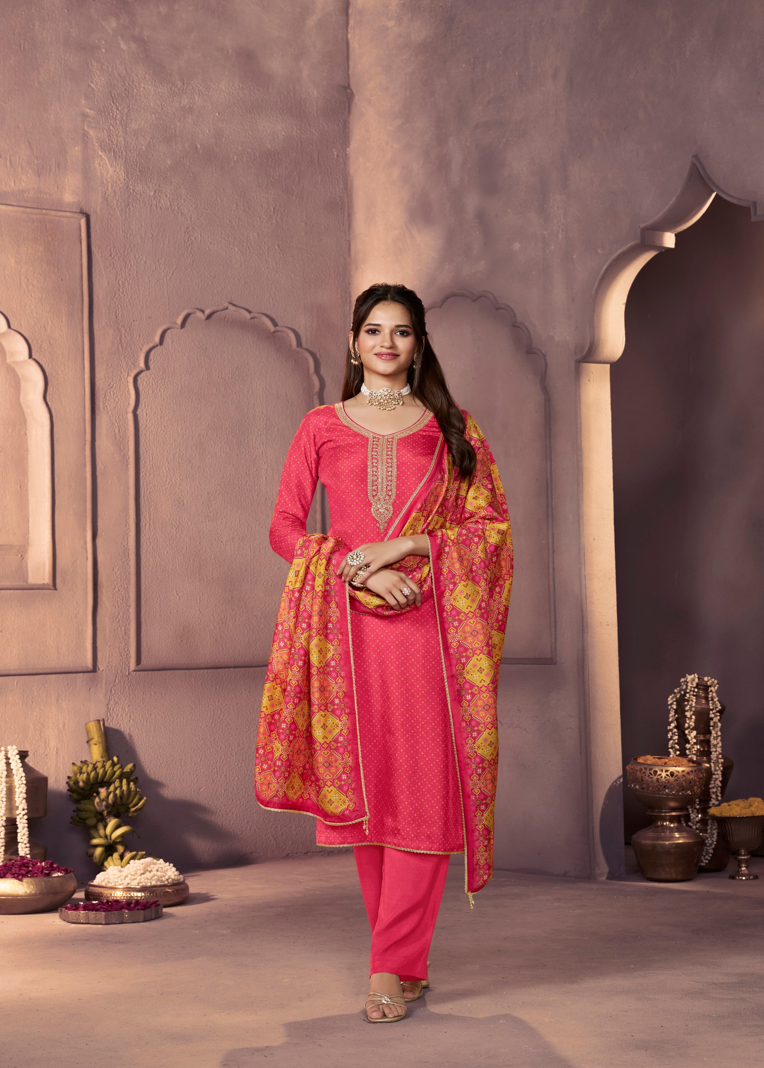 Vibrant Pink Printed Dola Silk Pant Set