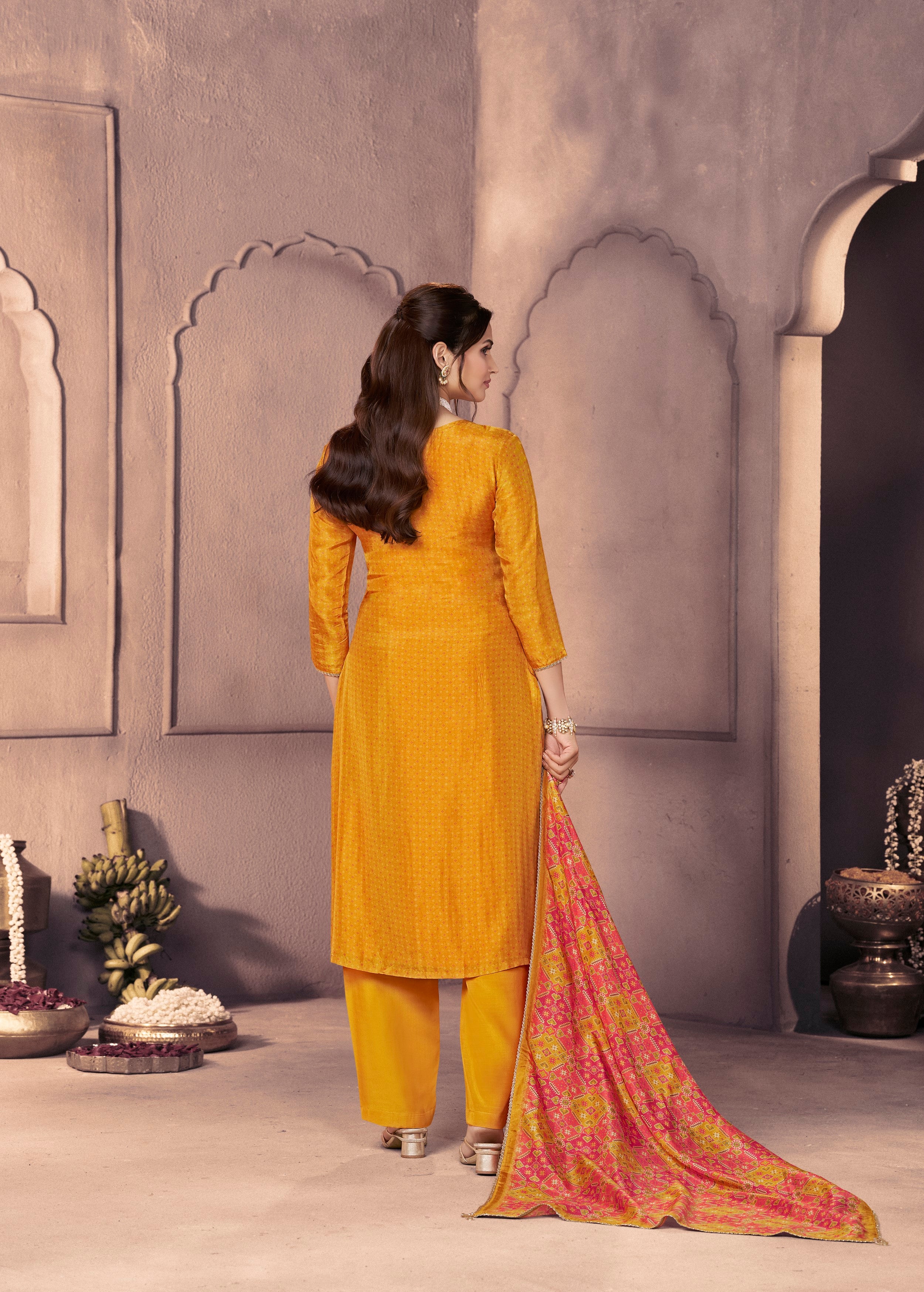 Deep Yellow Printed Dola Silk Pant Set