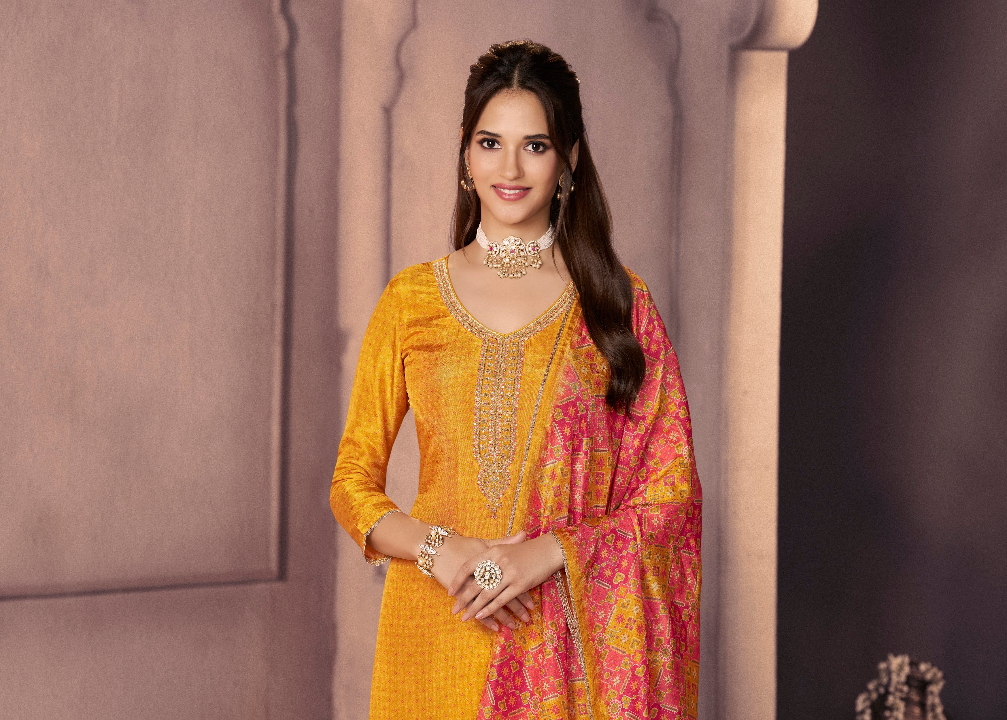 Deep Yellow Printed Dola Silk Pant Set