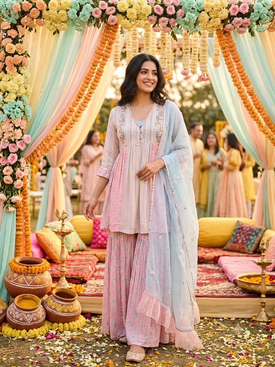 Powder Pink Printed Chanderi Silk Sharara Set