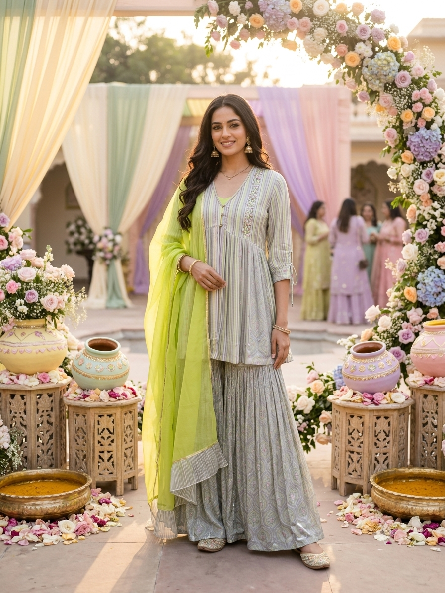 Powder Grey Printed Chanderi Silk Sharara Set