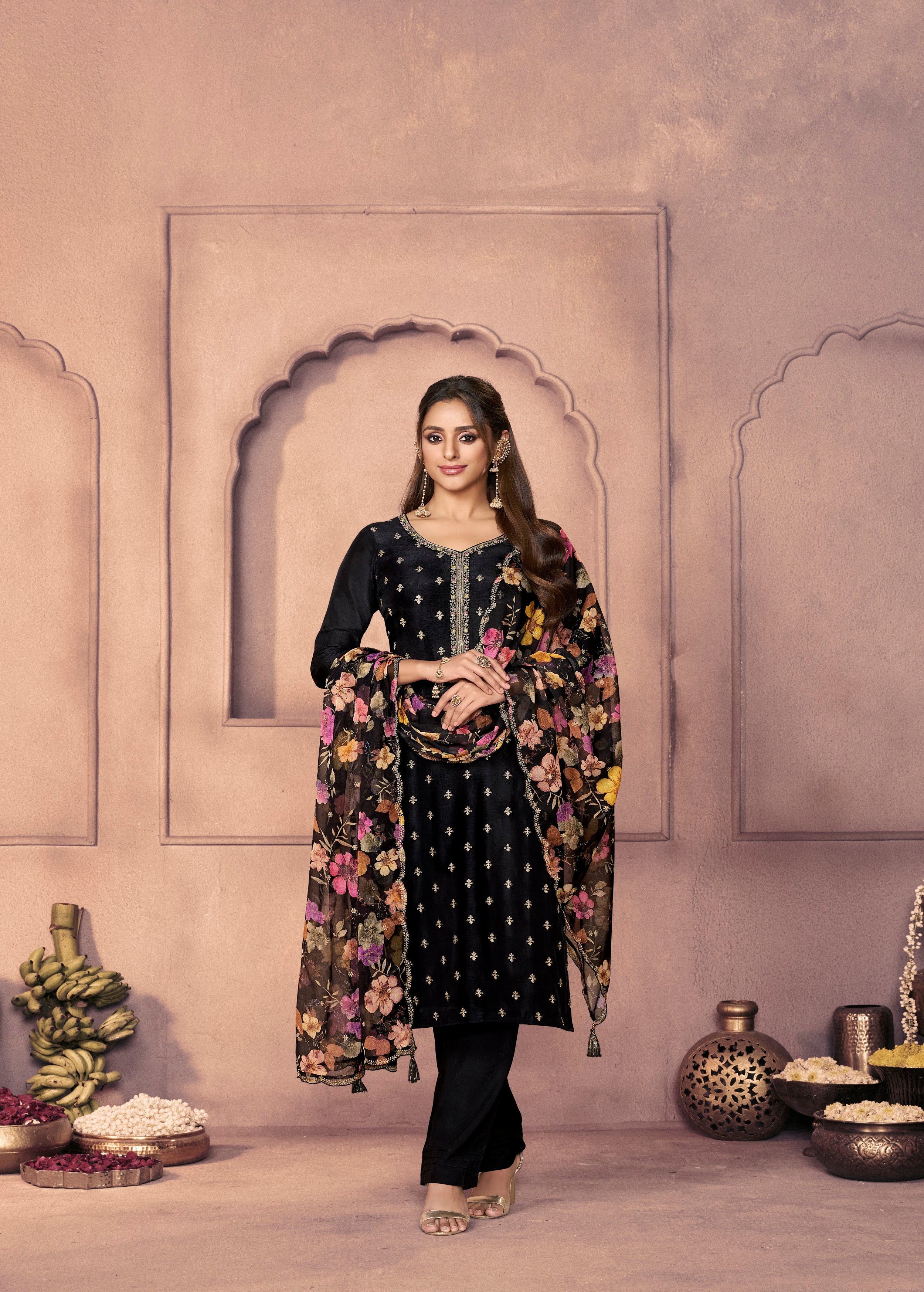 Classic Black Embellished Dola Silk Pant Set